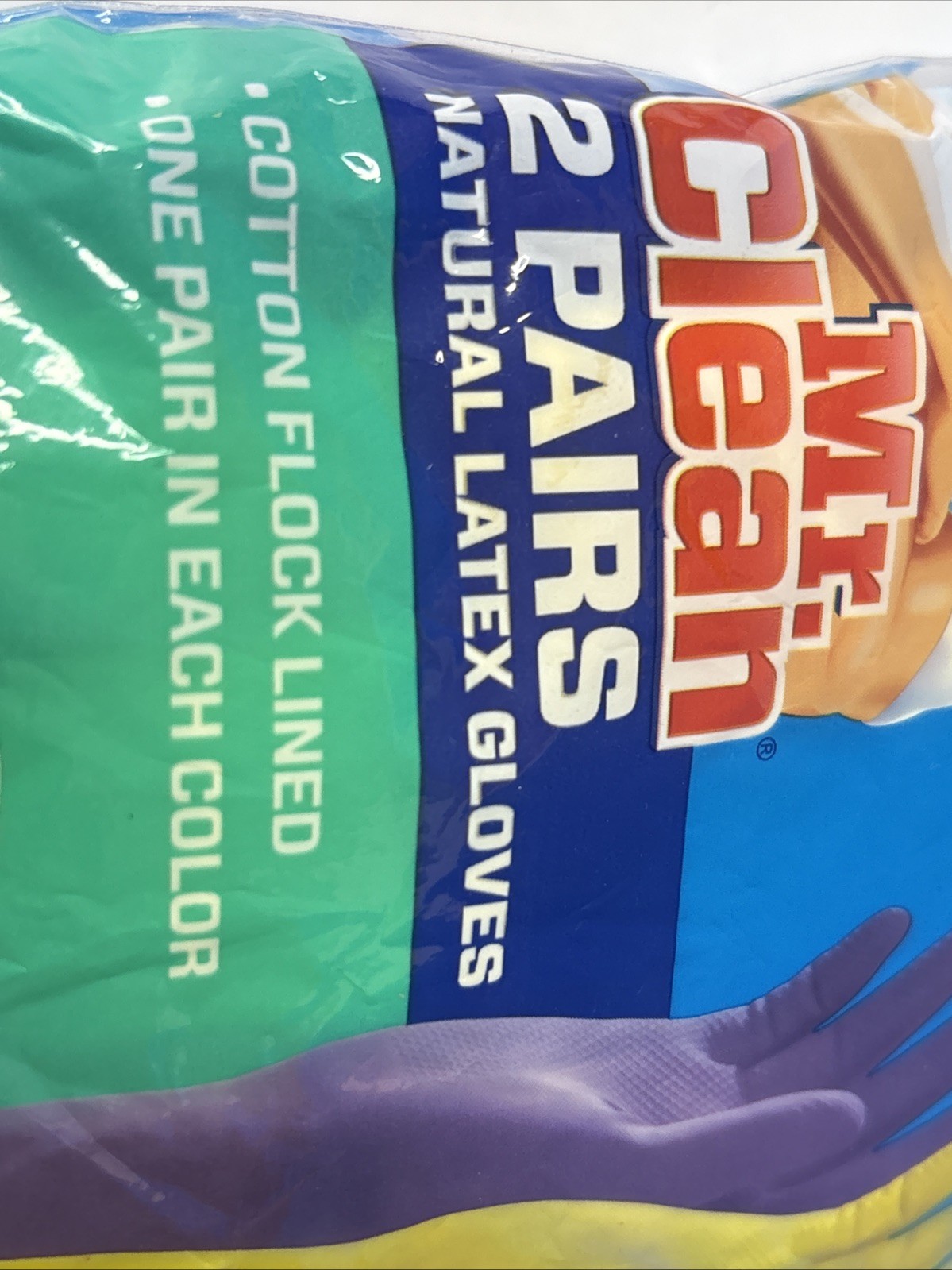 2 pair Mr Clean Natural Latex Dish Washing Gloves sz Large Cotton Flock Lining