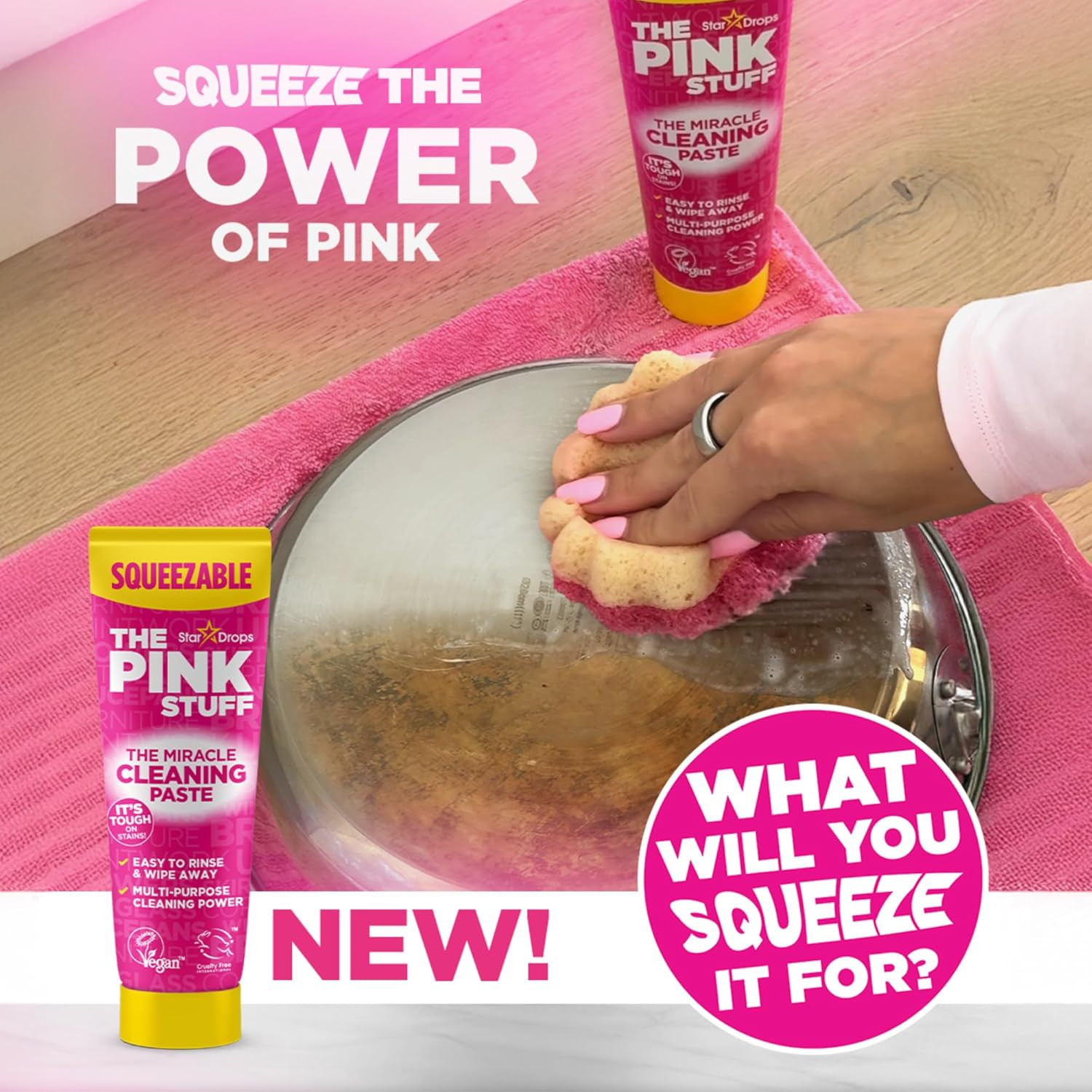 The Pink Stuff Squeezable Cleaning Paste 300G with Sqeezy Scrubber Sponge | Powe