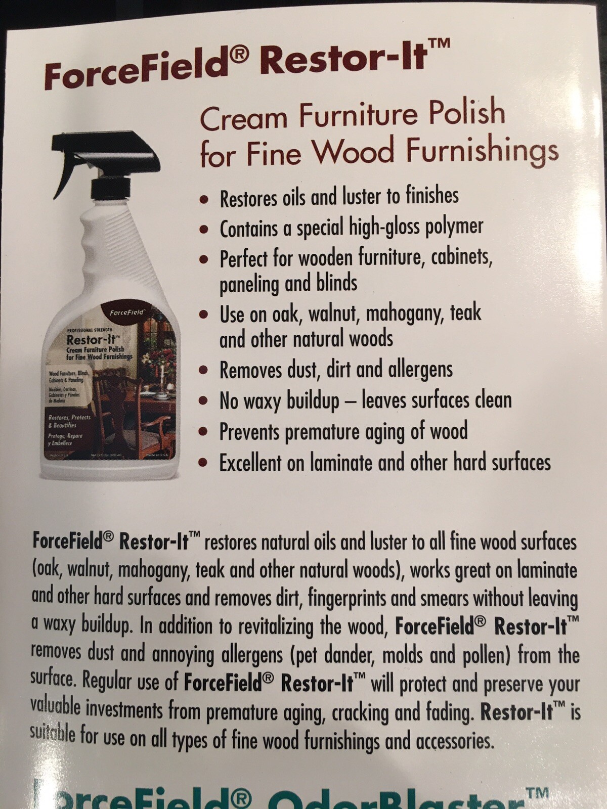 FORCEFIELD 4 Oz RESTORE IT FURNITURE POLISH PROTECTOR FINE WOOD FURNISHINGS