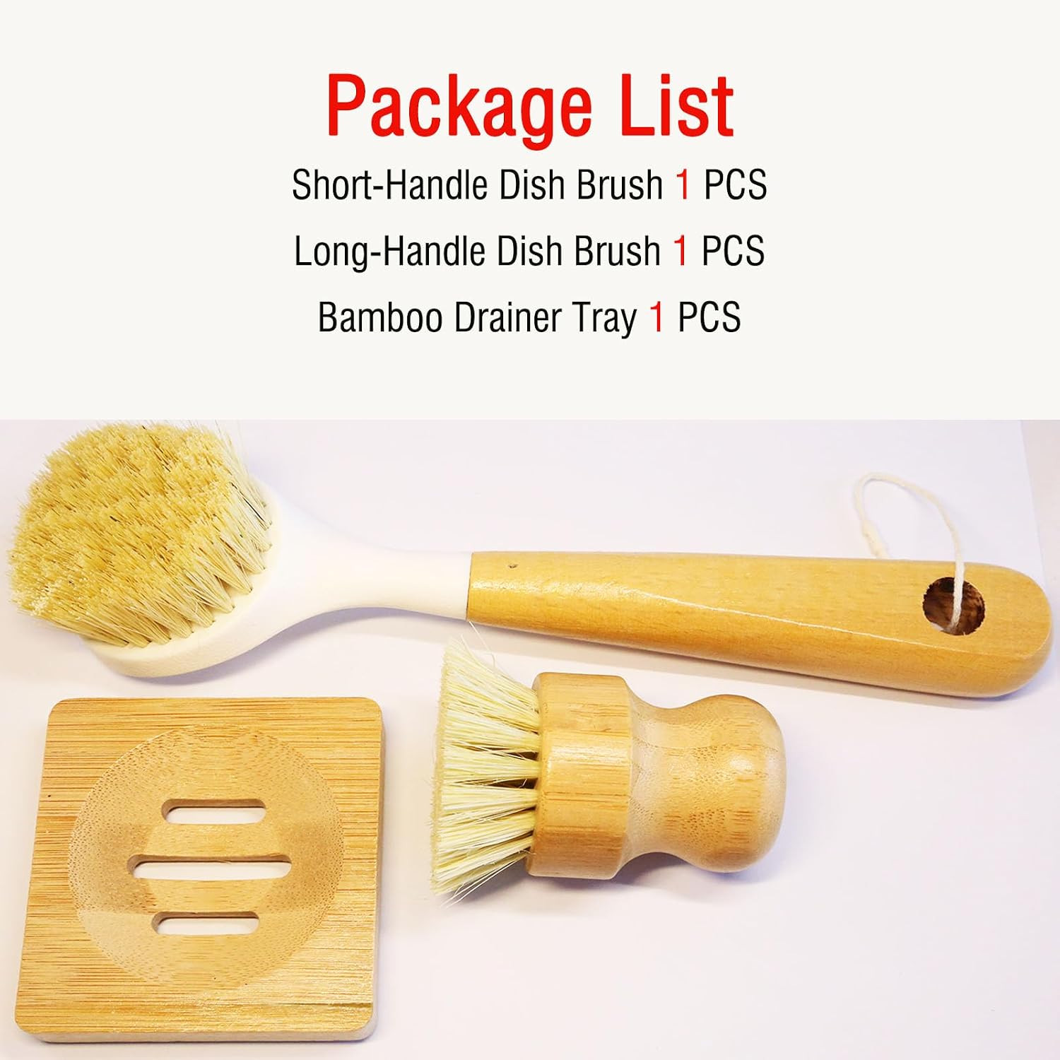 Natural Bristle Dish Brush Set, 1 Wooden Dish Brush and 1 Bamboo Dish Brush with