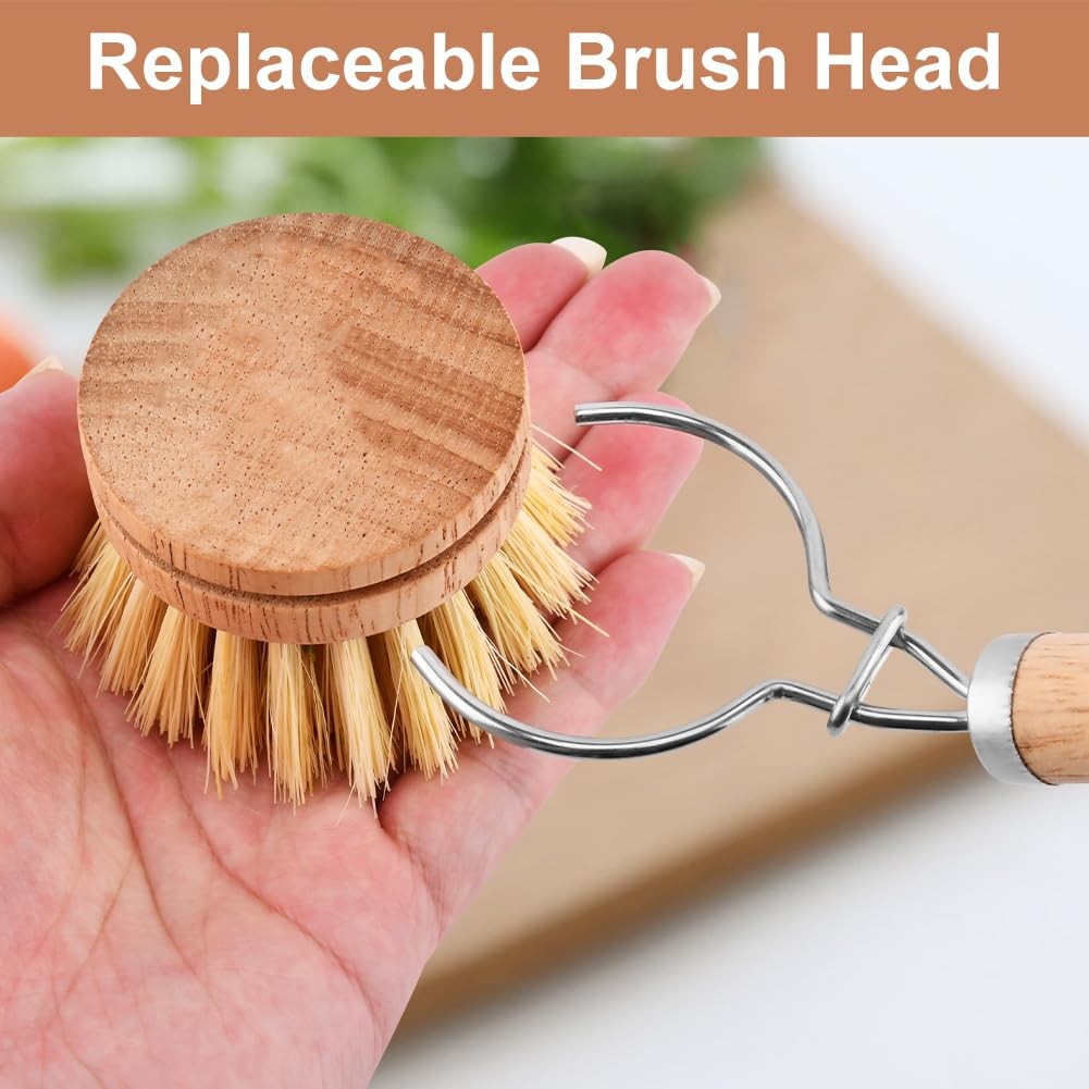 Bamboo Dish Brush Set, 1 Wooden Handle with 3 Natural Bristle Heads All Purpose