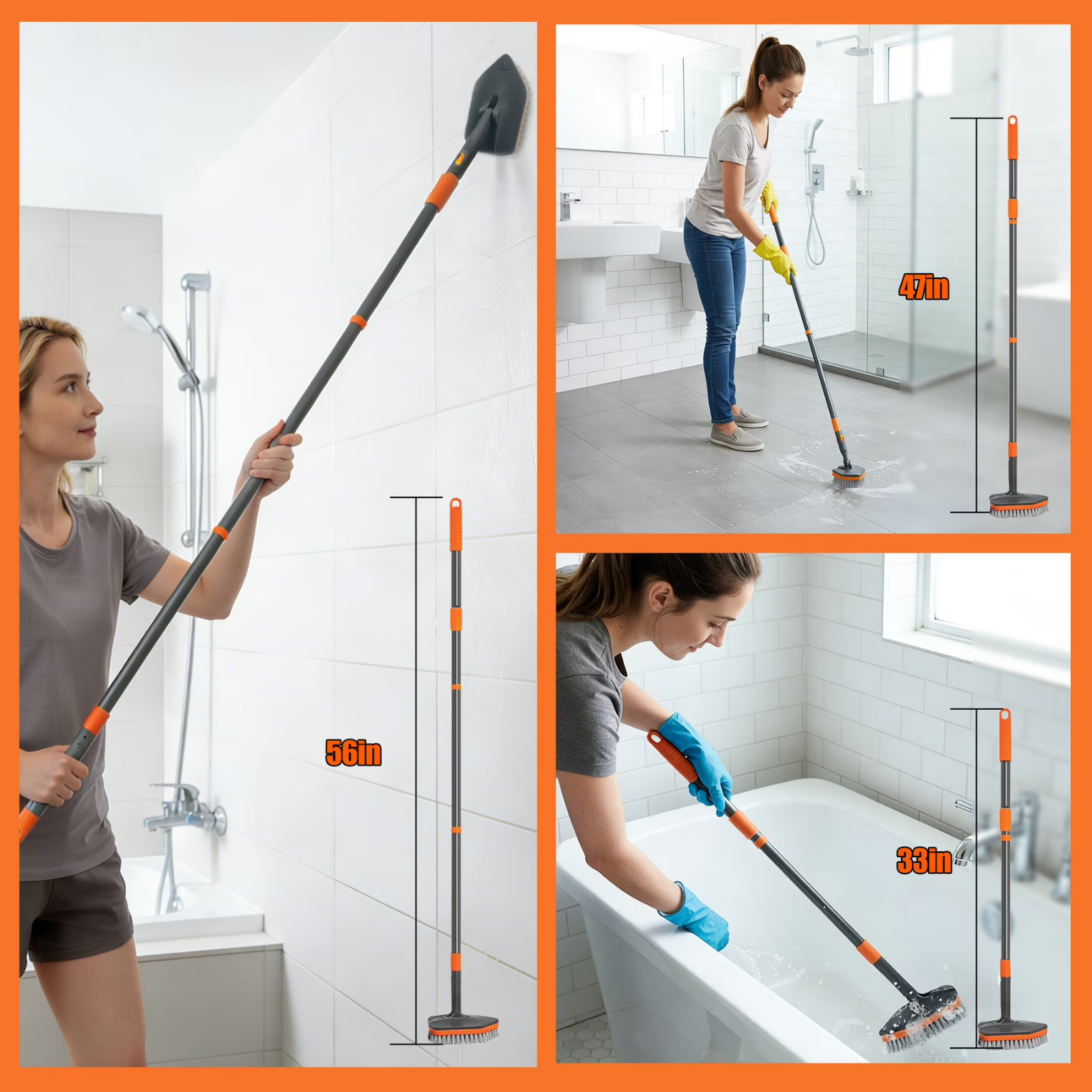 Extendable Tub Tile Scrubber Brush 3 in 1 Long Handle Bathroom Shower Cleaner