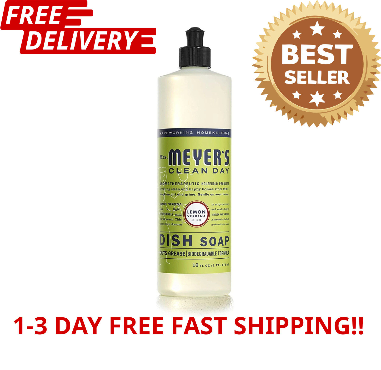 MRS. MEYER’S CLEAN DAY Liquid Dish Soap, Biodegradable Formula, Lemon Verbena, 1