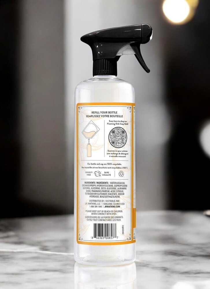 16 oz J.R. Watkins Orange Foaming Dish Soap Dermatologically Tested Clean Grease