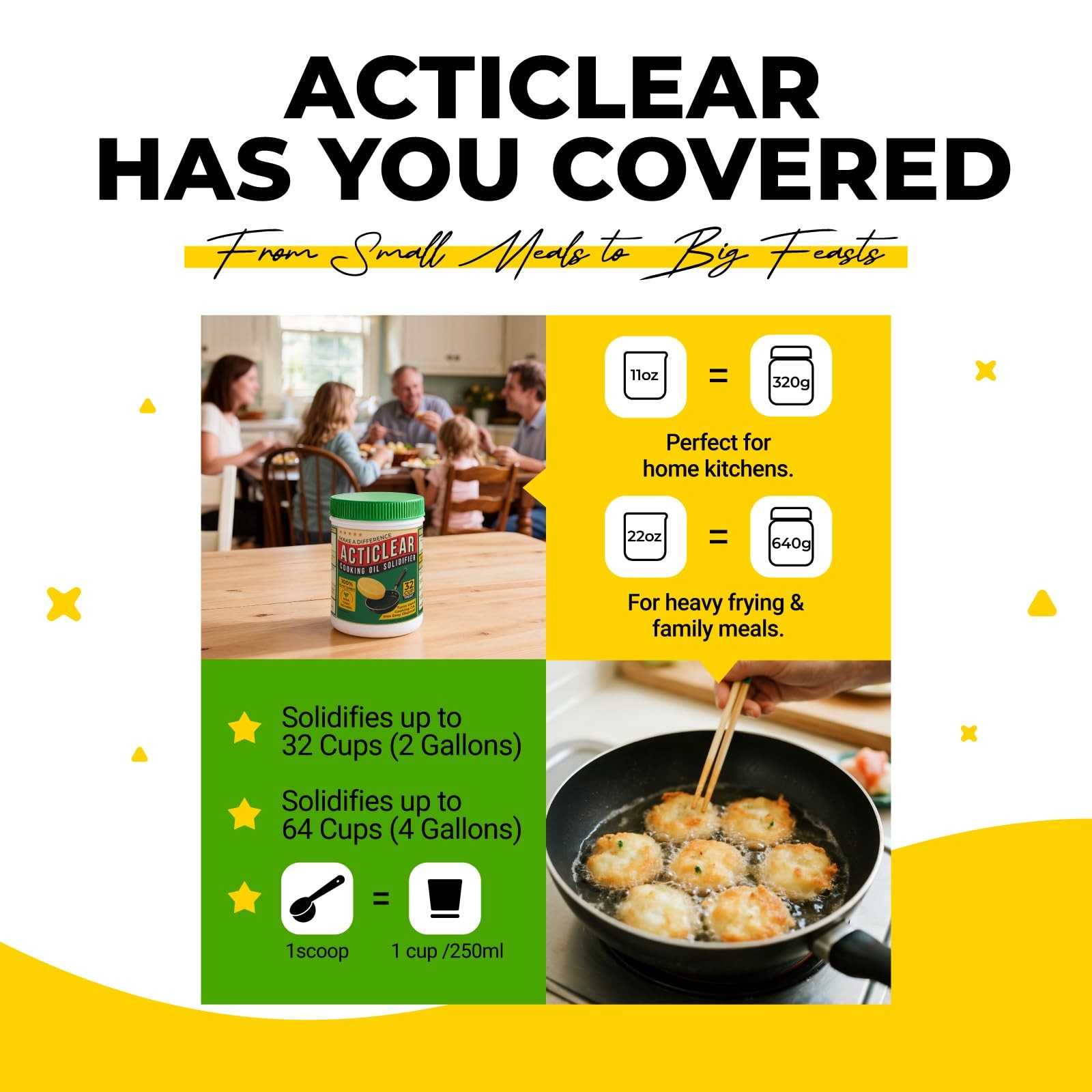 ACTICLEAR Cooking Oil Solidifier – 11oz 32 Cups Algae-Based Grease Hardener f…