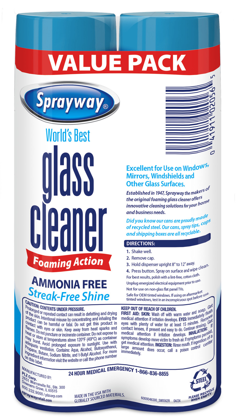 Glass Cleaner Foaming Aerosol Spray, 19 Oz. 2-Pack Free Shipping