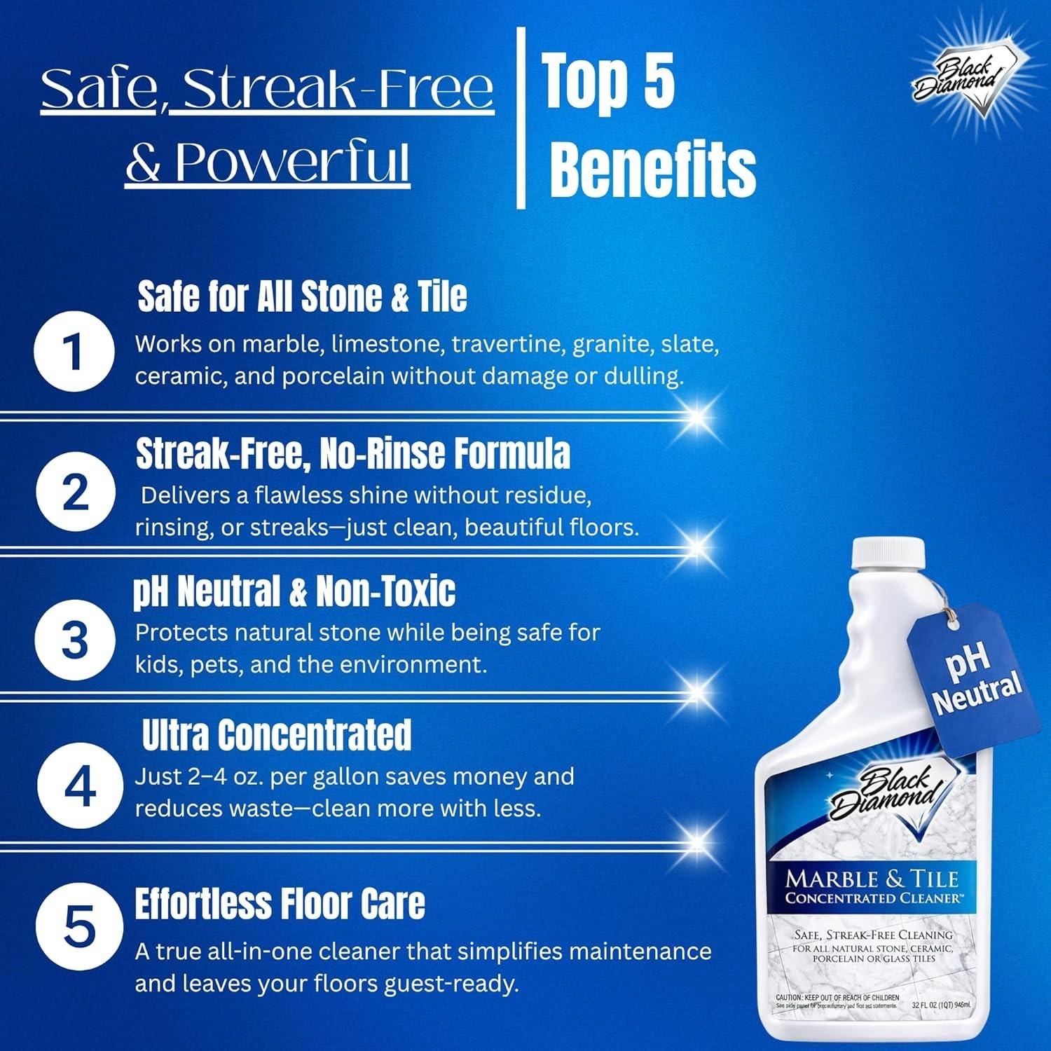 Marble & Tile Floor Cleaner Concentrate, pH Neutral, Streak-Free & No-Rinse F…