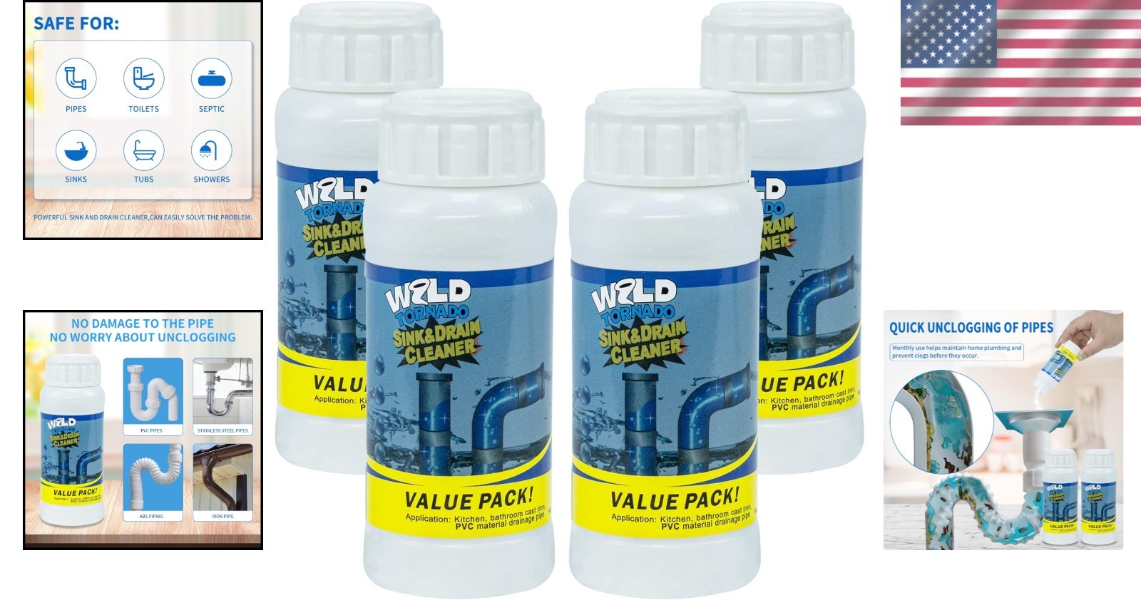 Wild Tornado Fast Foaming Pipe Cleaner – Effective 4 Pack for Clogs & Blockages