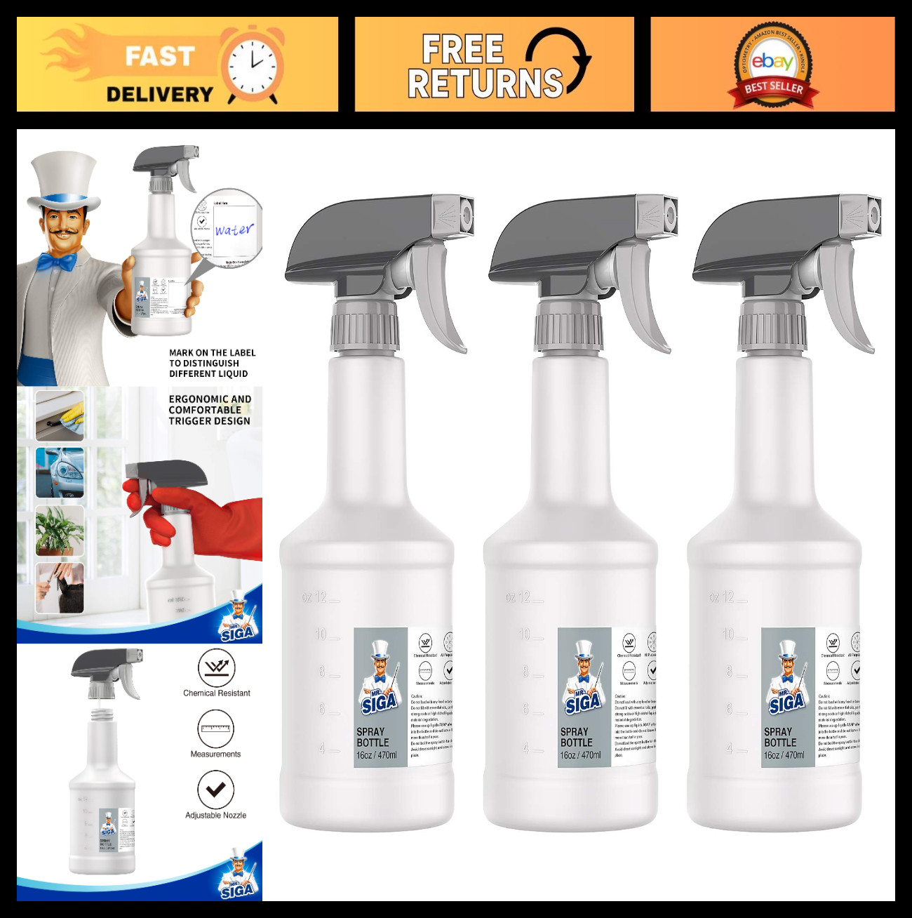 16 oz Heavy Duty Empty Spray Bottles – Reusable Cleaning Solutions, 3 Pack, Adju