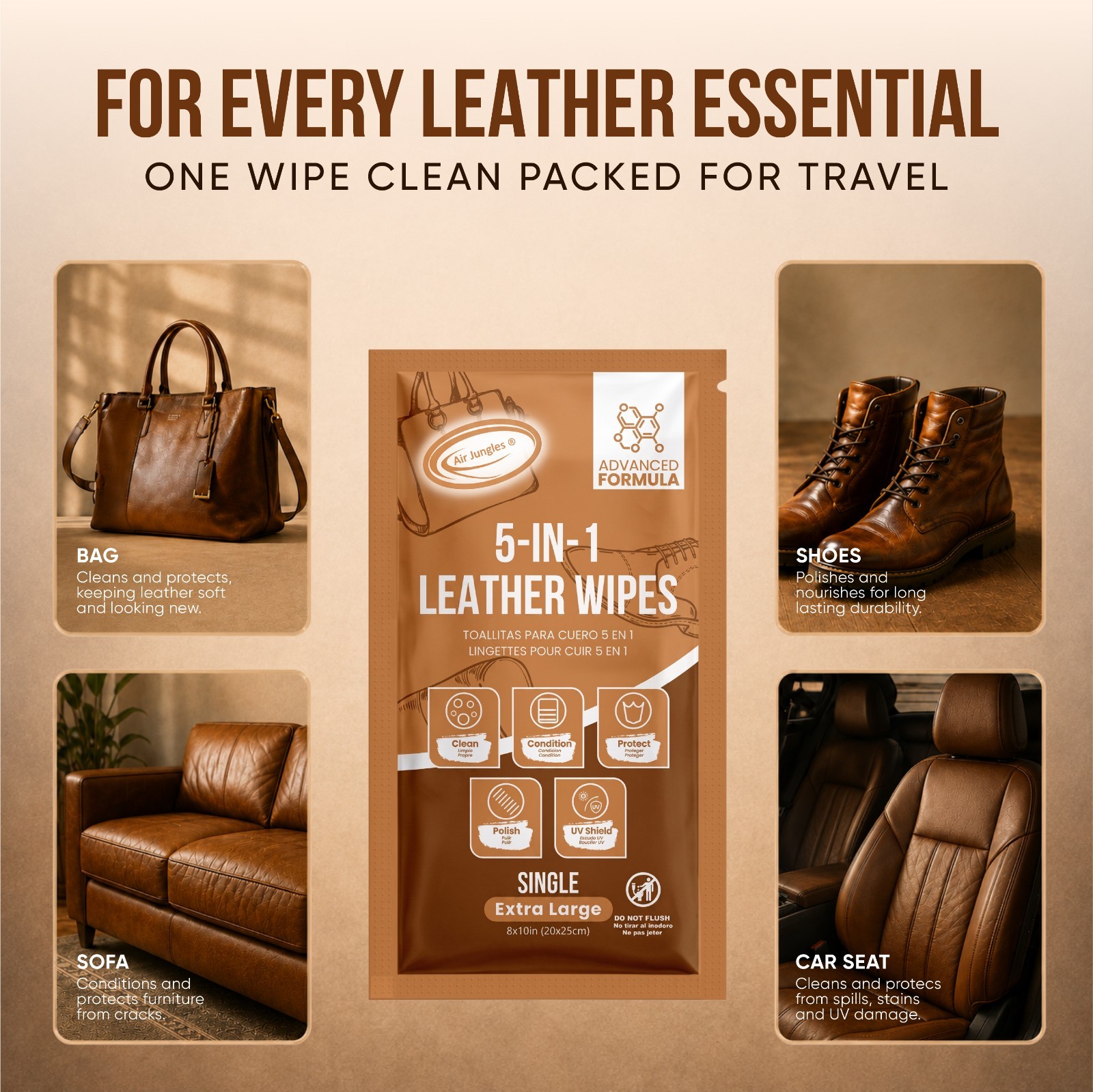 Air Jungles 3in1 Leather Cleaner Wipes 50 Count (Pack of 1)