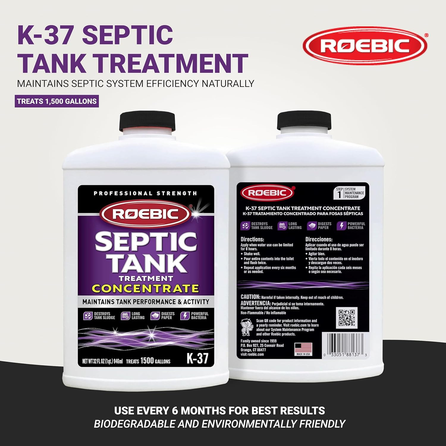 K-37-Q-C1500-4 Septic Tank Treatment: 32 Oz, 16 Oz Concentrate, Safe for All Plu