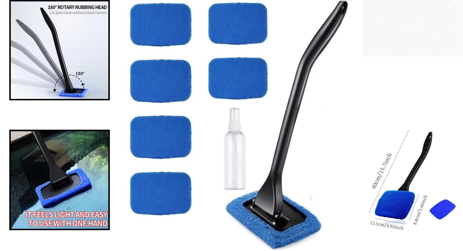 Car Window Cleaner with 180-Degree Rotating Head & Reusable Microfiber Bonnets