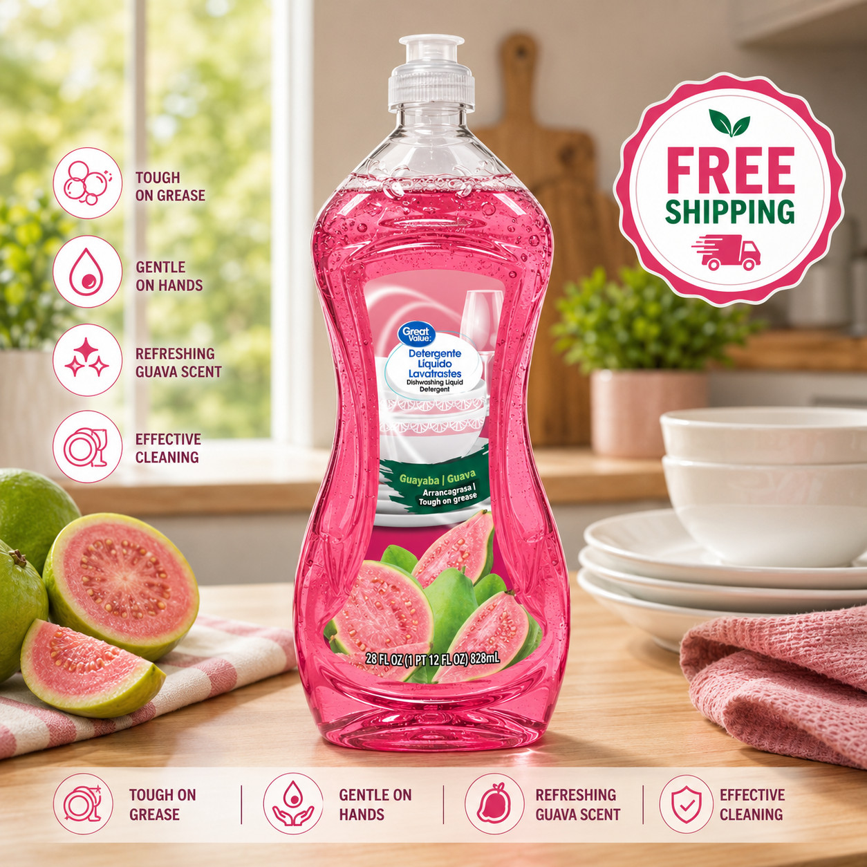 Great Value Dish Washing Liquid Detergent, Guava, 28 fl oz
