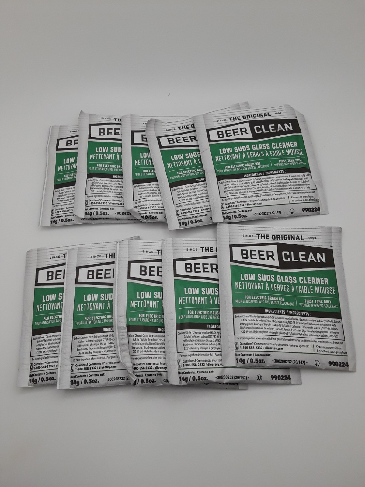Diversey Beer Clean Low Suds drinking Glass Cleaner 0.5 oz 14g Packets Lot of 10