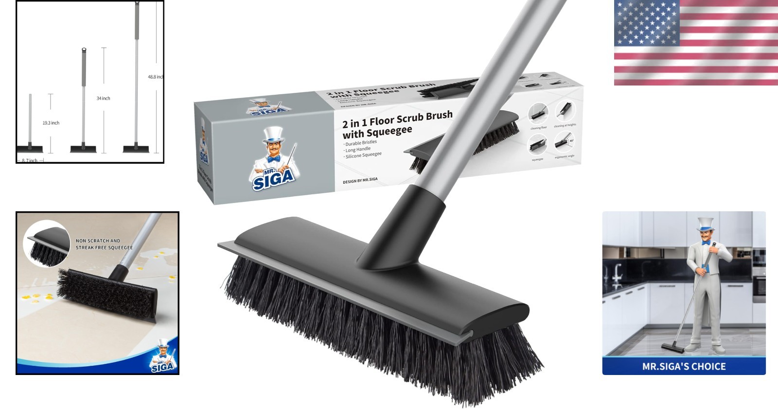 Durable 2-in-1 Floor Brush with Stiff Bristles and Adjustable Steel Handle