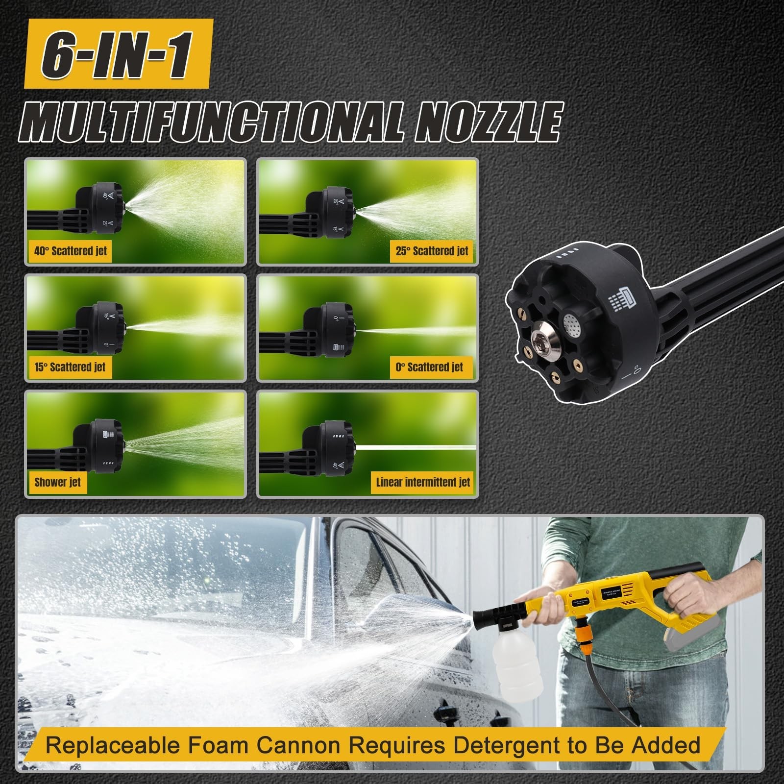 Cordless 20V Cleaning Tool, 21000RPM with 6-in-1 Nozzle & Foam Cannon for Car, F