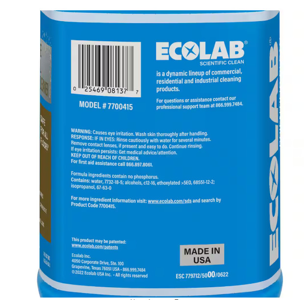 ECOLAB 1 Gal. No Rinse Neutral Floor Concentrate Cleaner, Residue Free Formula f
