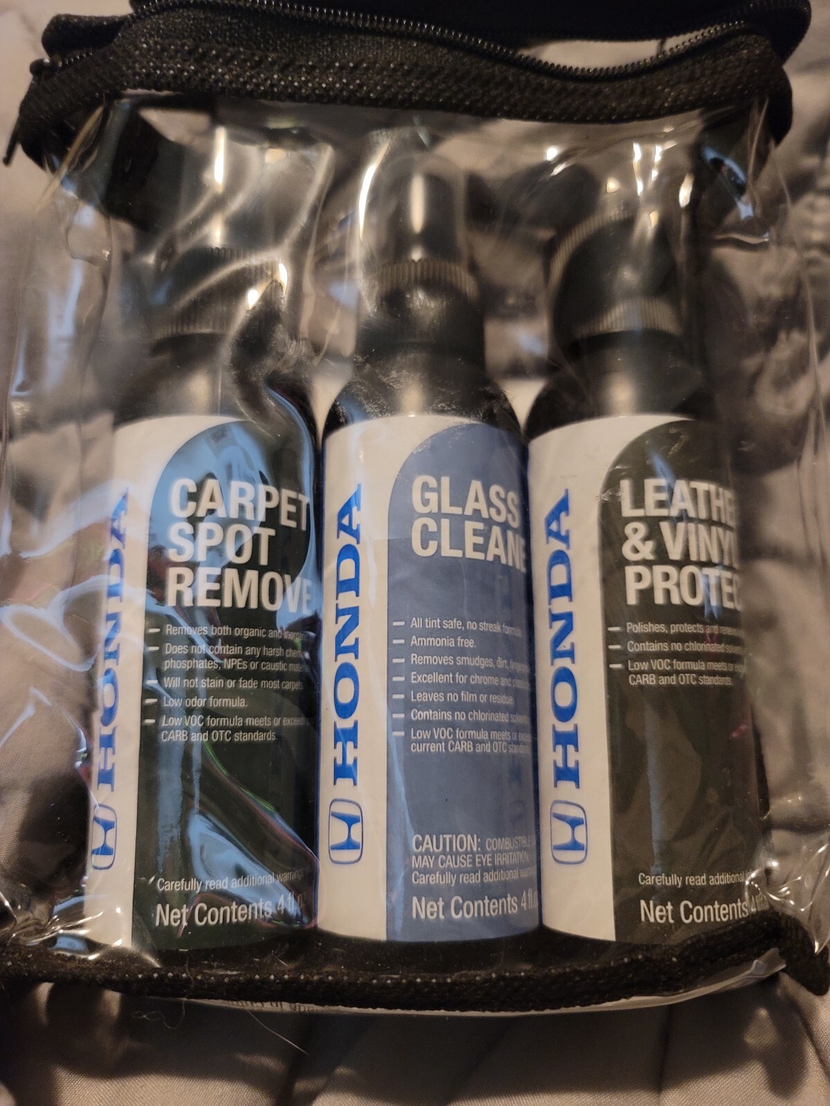 Honda Car Care Kit- 3 pcs- carpet, glass, leather/vinyl cleaners- in carry bag