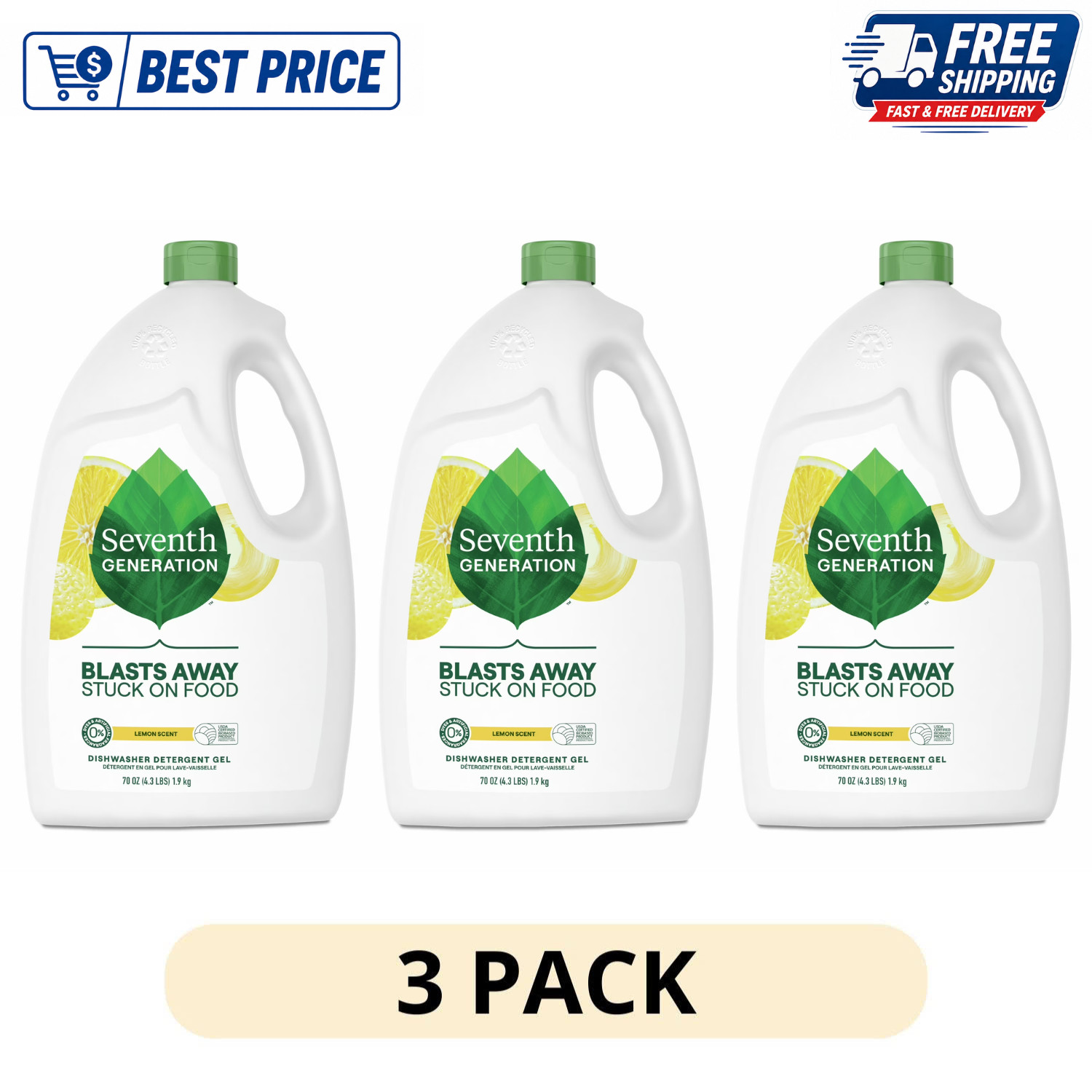 (3 Pack) Seventh Generation Dishwasher Detergent Gel Lemon Scent, 70 oz
