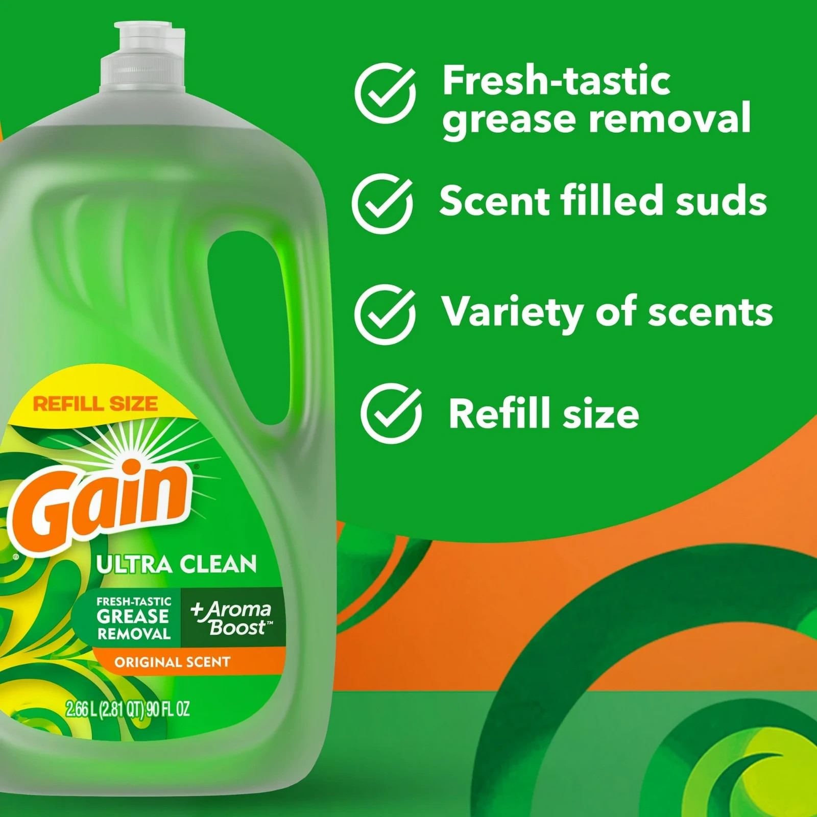 Gain Ultra Dishwashing Liquid Dish Soap Original Scent 90 fl oz Bulk Kitchen