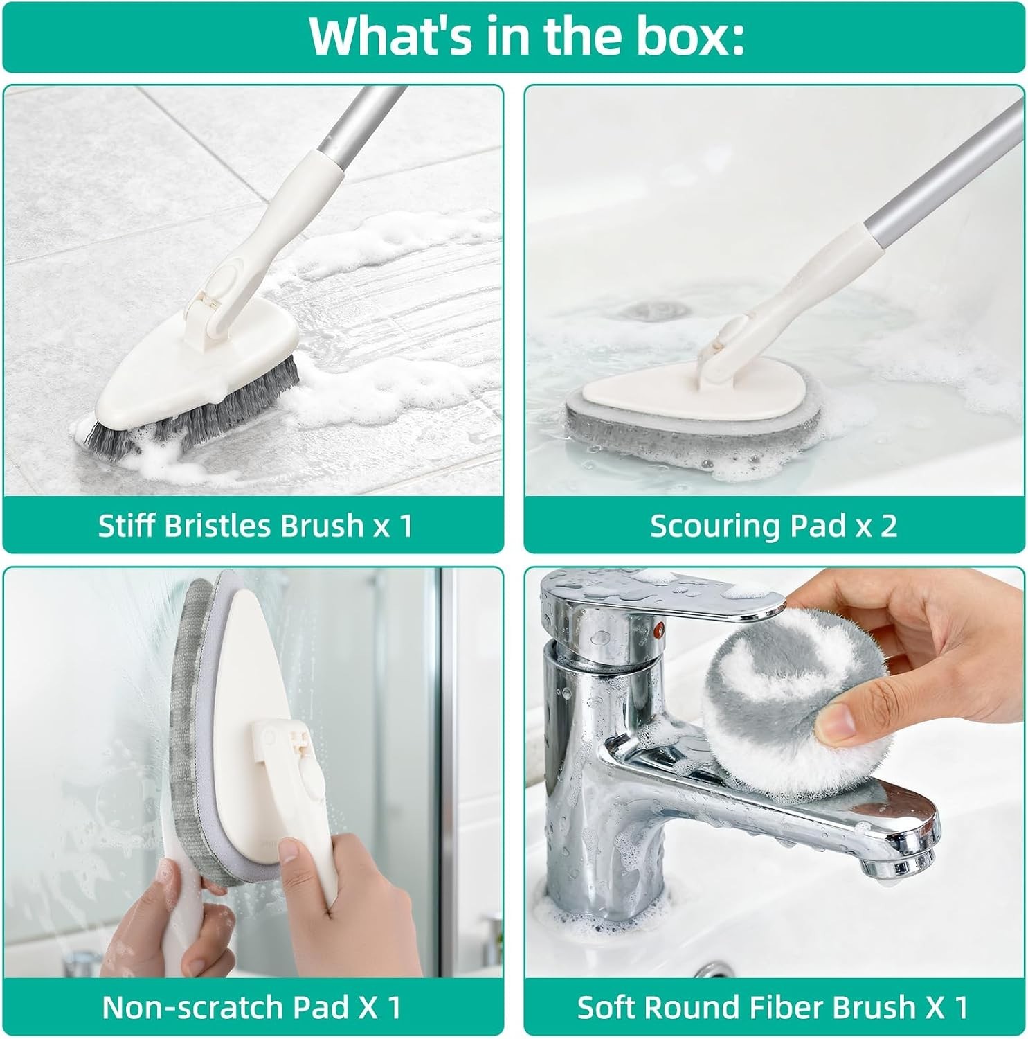 4-in-1 Tub and Tile Shower Scrubber, 51” Bathtub Cleaning Brush with Long Ha…