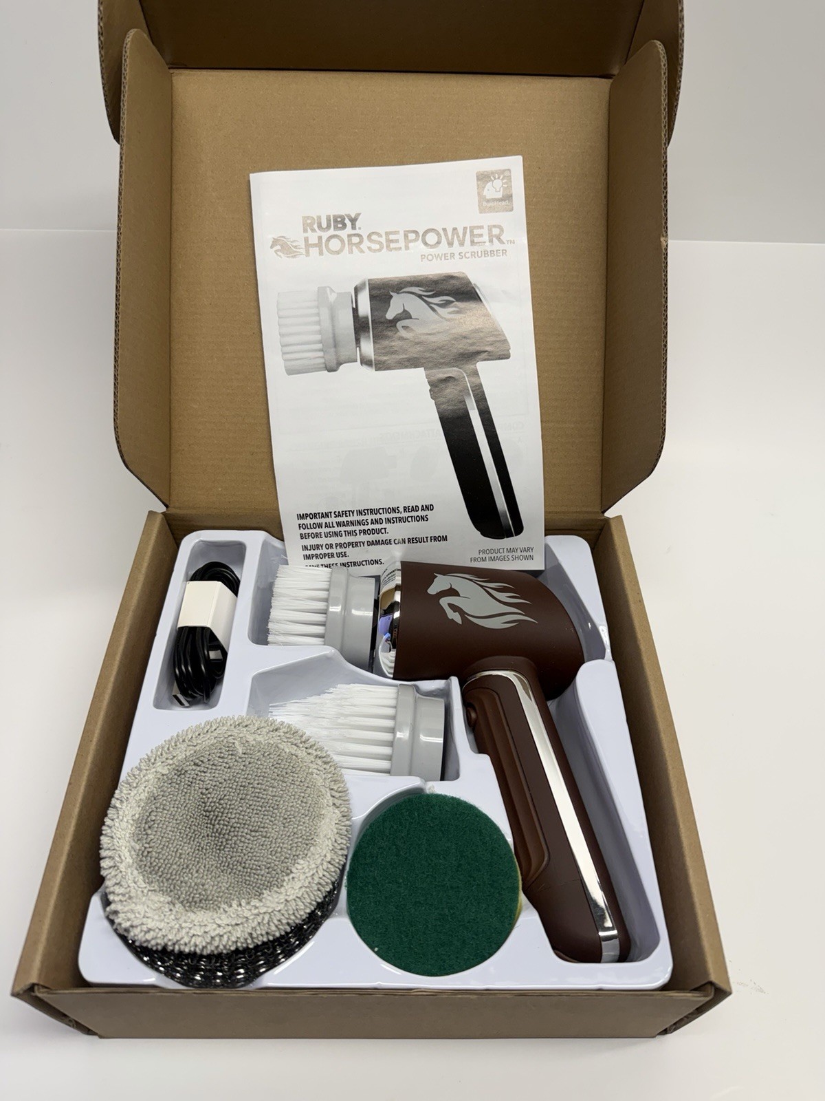 Horsepower Scrubber, Waterproof, Electric Power, Spins 350 RPM, 5 Brush Heads.