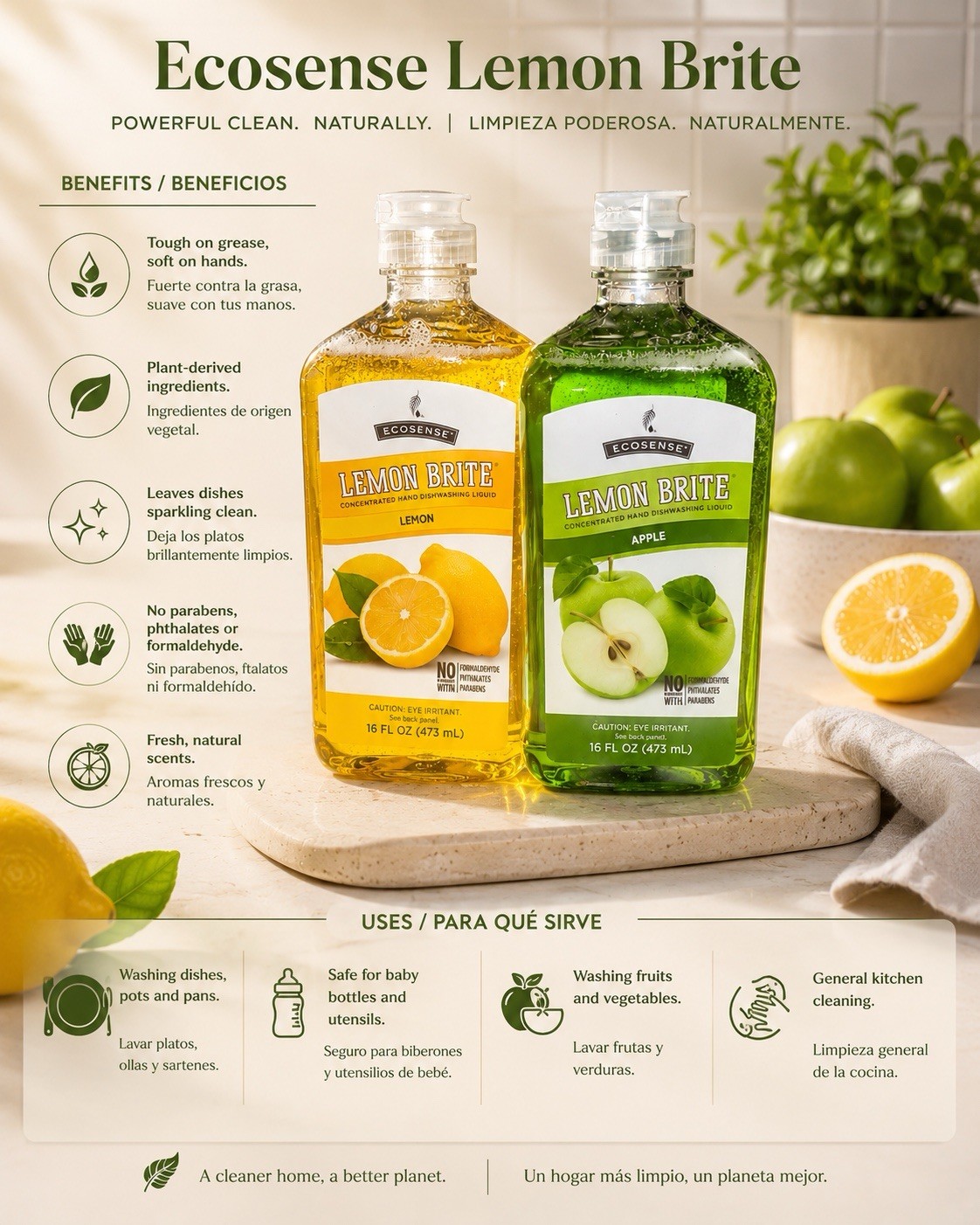 2 Melaleuca Ecosense Lemon Brite Dishwashing Liquid 16 Oz 1 Apple & 1 Lemon