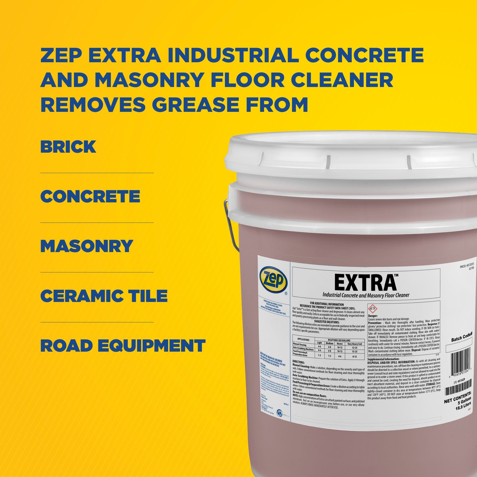 Zep EXTRA Floor Cleaner – 5 Gallon (1 Unit) 72035 – Fast Acting Industrial