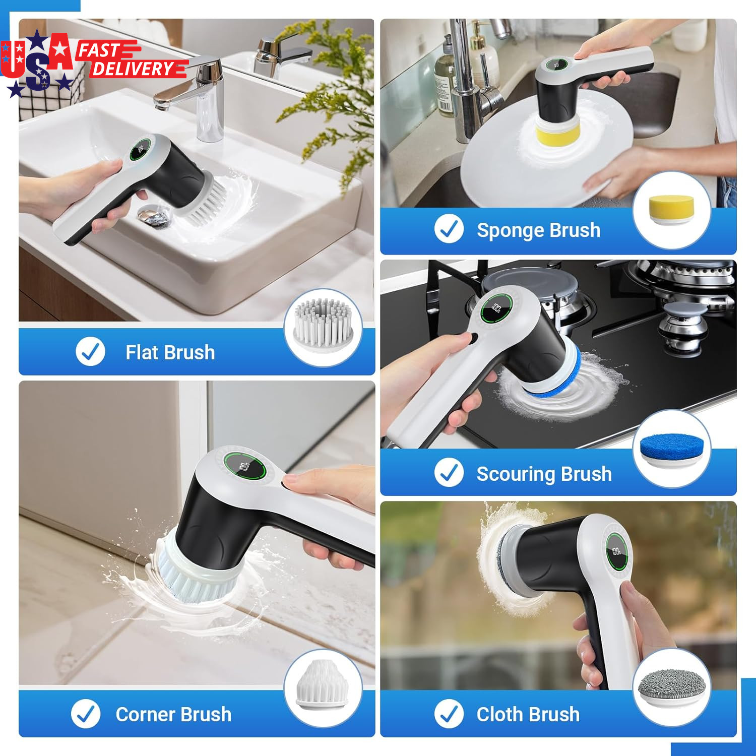 Electric Spin Scrubber, Cordless Shower Scrubber with Battery Level Display, 2 S