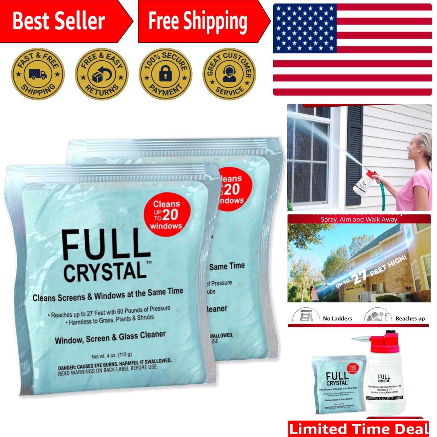 Streak-Free Exterior Window Cleaner Refill – 2 Packets of 4 oz Crystal Powder