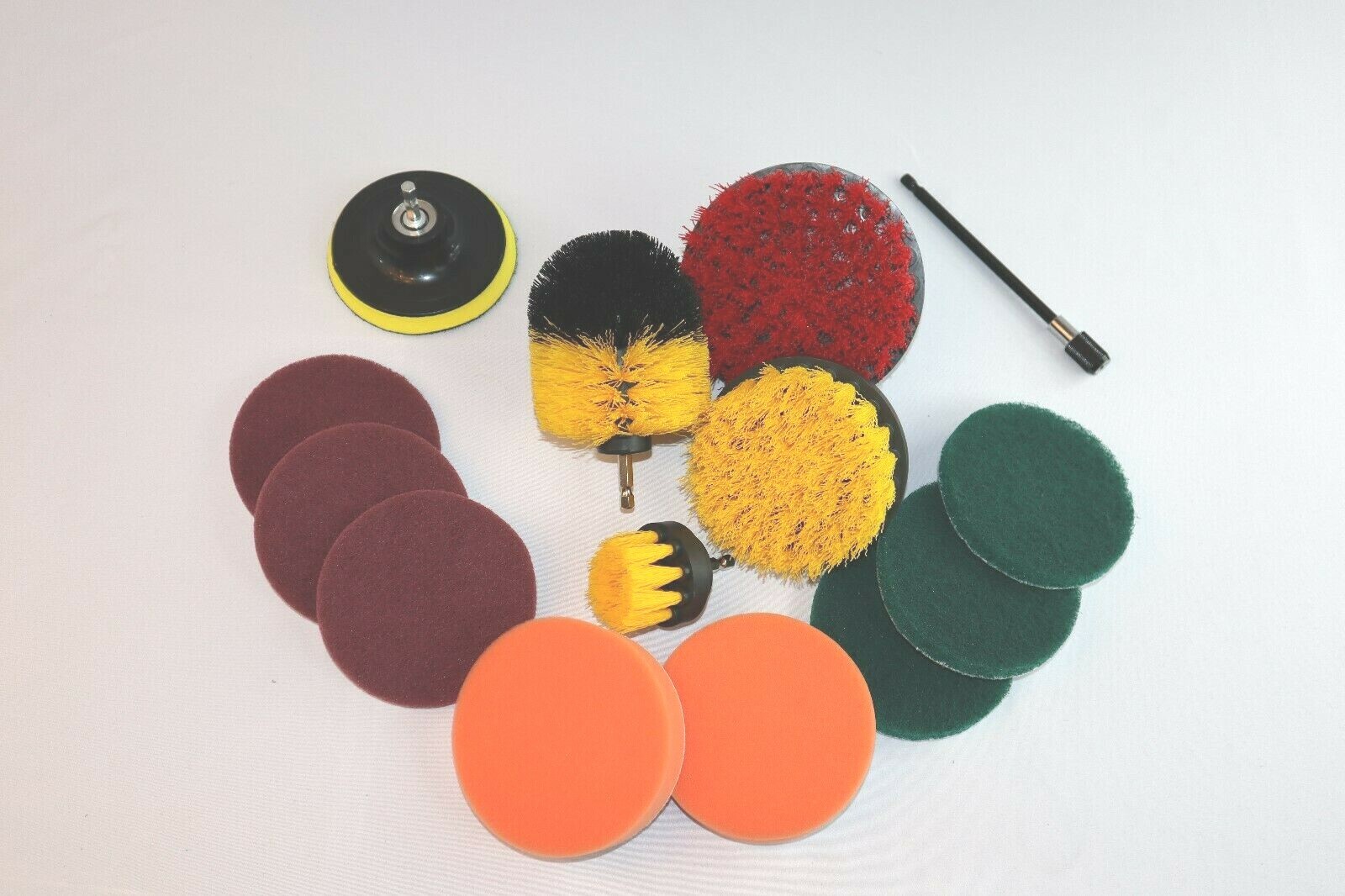 3 Piece Drill Scrub Brush Set Yellow + 11 Piece Drill Attachments + Carrier Bag