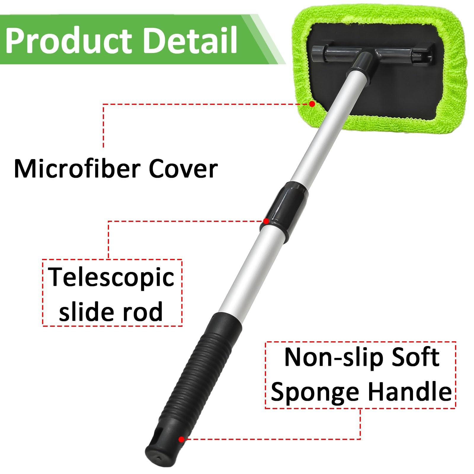 Extendable Windshield Cleaner Tool 3 Microfiber Pads Glass Wiper Interior Auto
