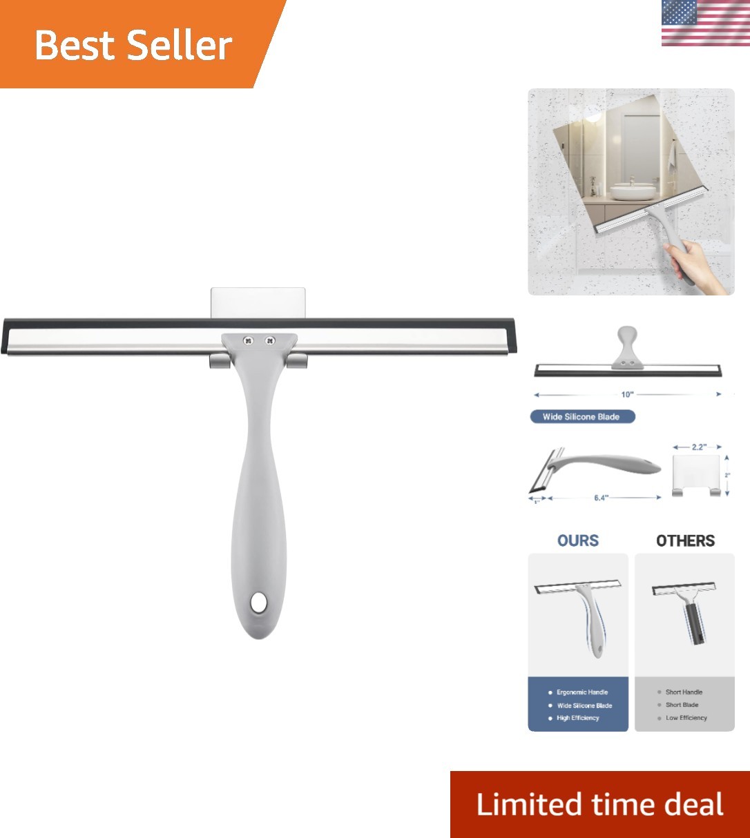 Silicone Blade Squeegee for Streak-Free Shower, Windows, and Mirrors – 10 Inch