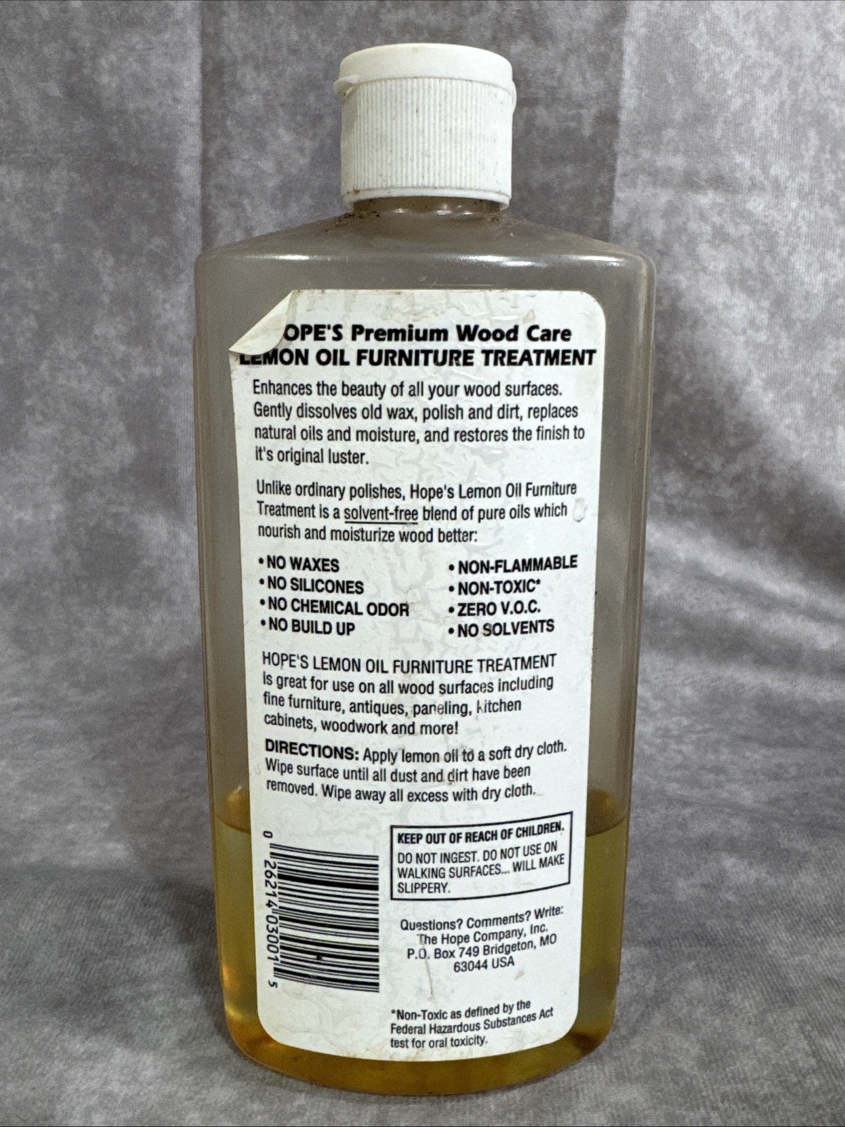 Vtg Hope’s Lemon Oil Furniture Treatment 16 oz Non-Toxic Solvent Free 35% Full