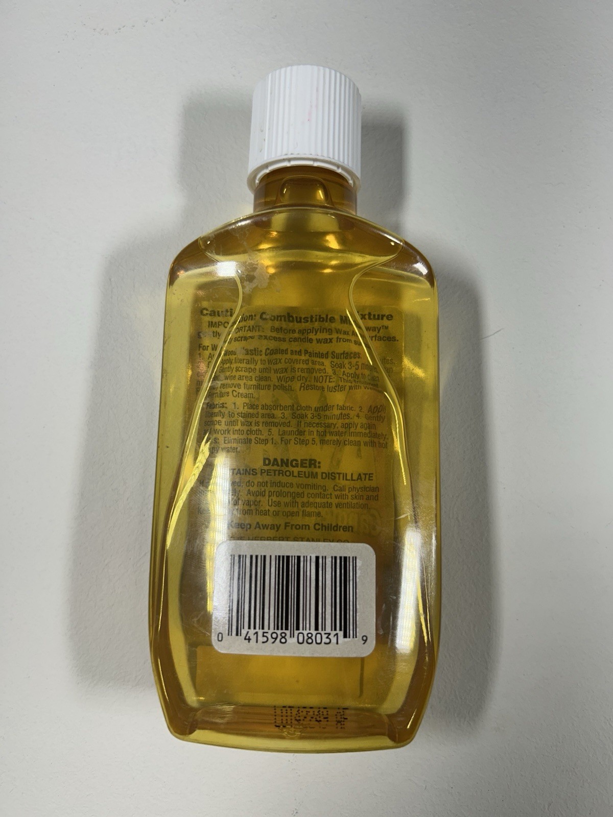 Weiman Wax Away Candle Wax Remover Fabrics 8 FL. OZ. White Cap Bottle 85% Full