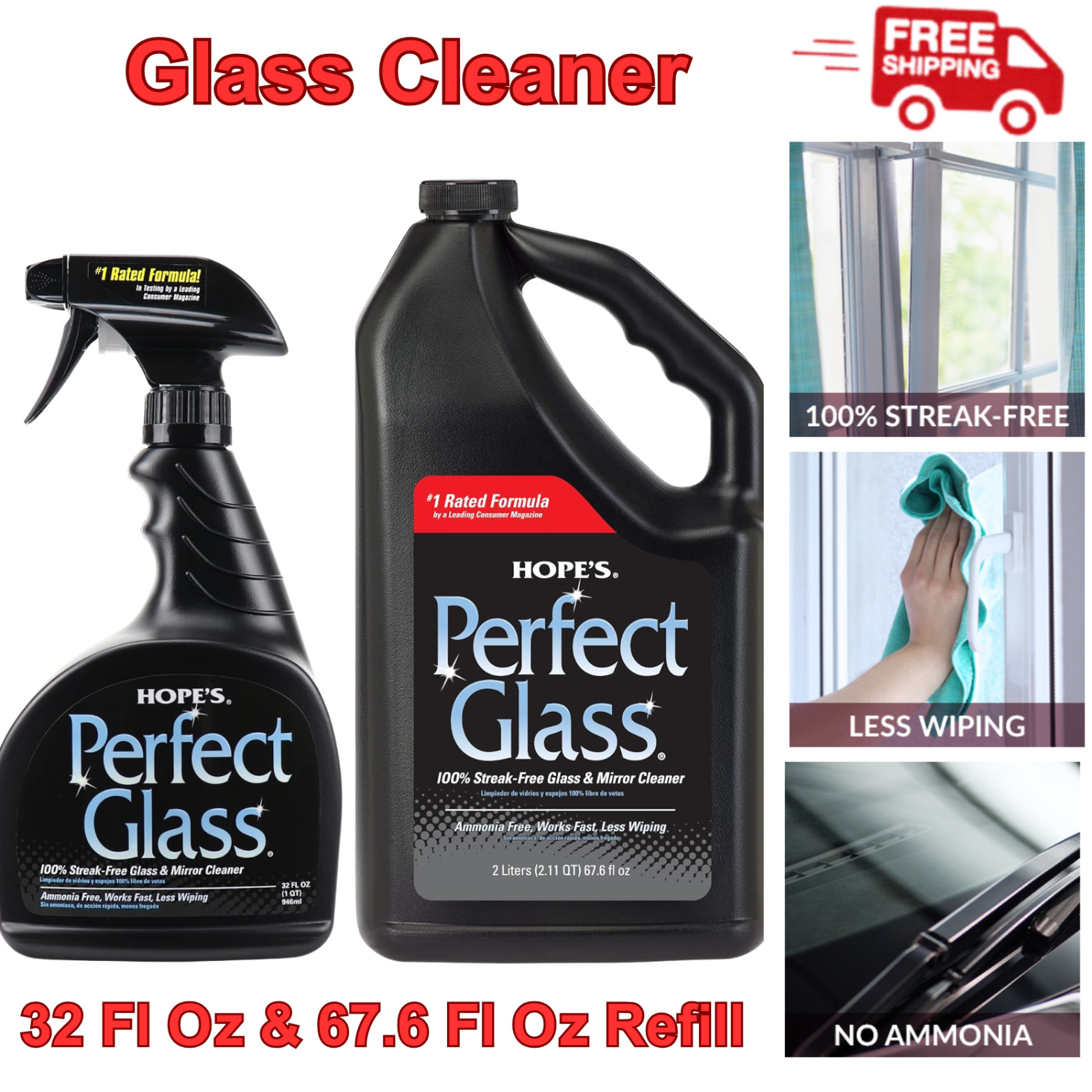 Streak-Free Glass Cleaner, Ammonia-Free for Windows, Mirrors, Screens, 99.6Fl Oz