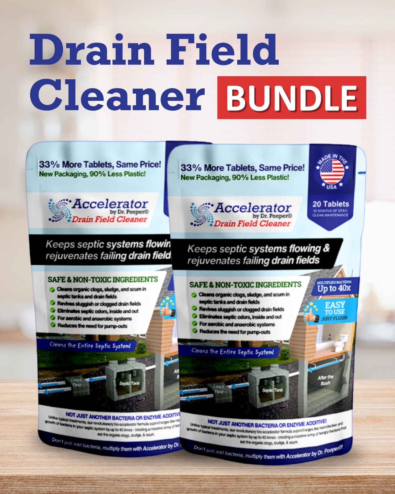 2-Pack Drain Field Cleaner Tablets for Fast Septic Tank Odor Elimination