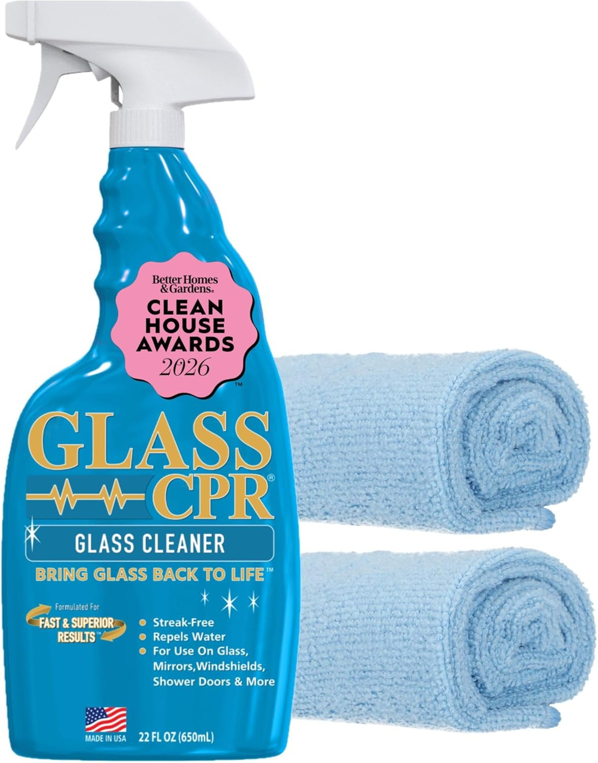 Glass CPR 2-In-1 Glass Cleaner and Water Repellent, 22 Oz Spray plus 2 Microfibe