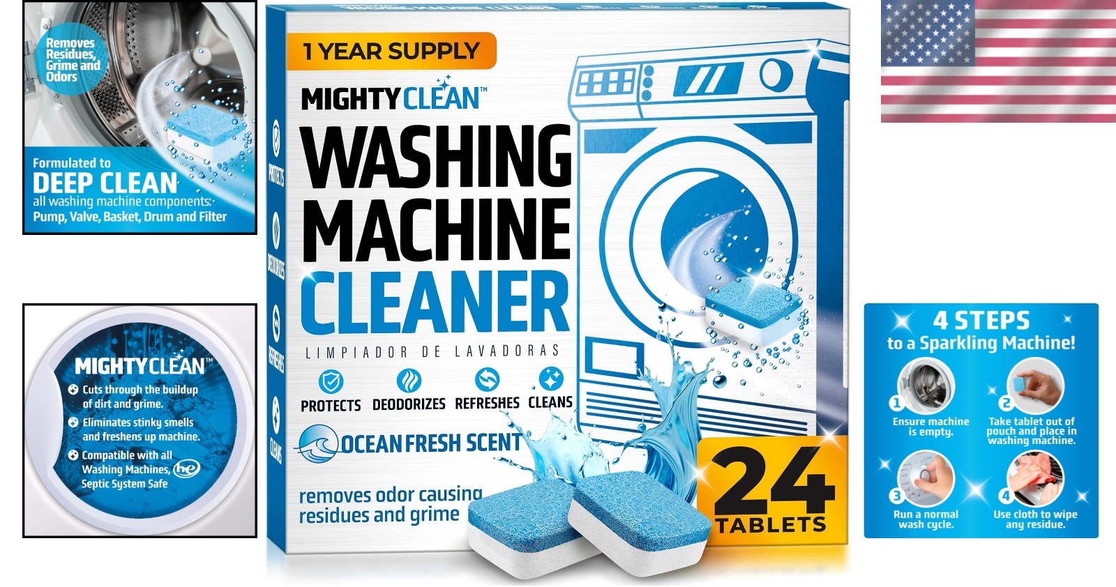 Deep Cleaning Washing Machine Tablets – 24 Count, Keeps Washers Fresh -Round