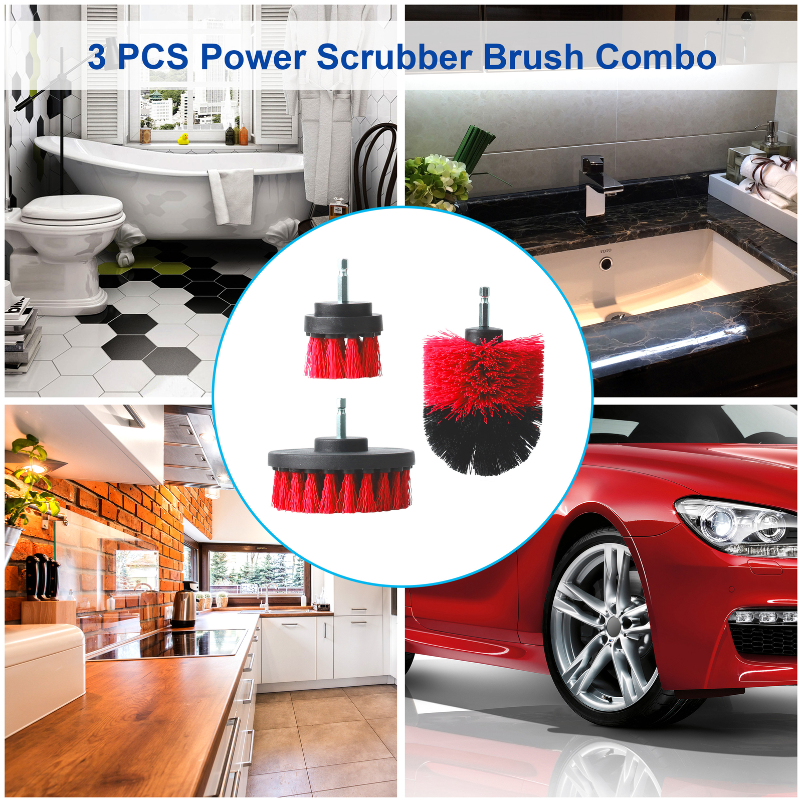 3Pc Tile Grout Drill Brush Power Scrub Cleaning Tub Cleaner Attachment Kit 3Size