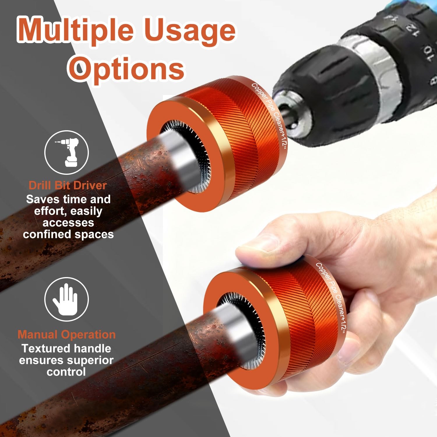 1/2″ & 3/4″ Metal Copper Pipe Cleaner Set with 1/4 Hex Shank, Replaceable Bru…