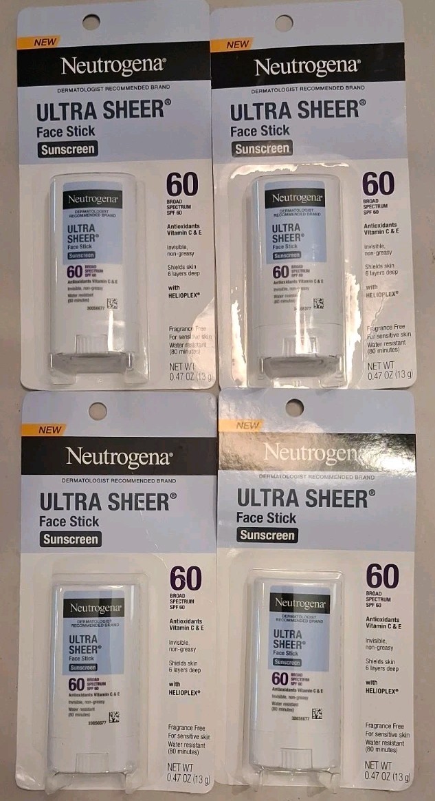 4 Count Neutrogena SPF 60 Ultra Sheer Face Sunscreen Stick Invisible Non-Greasy