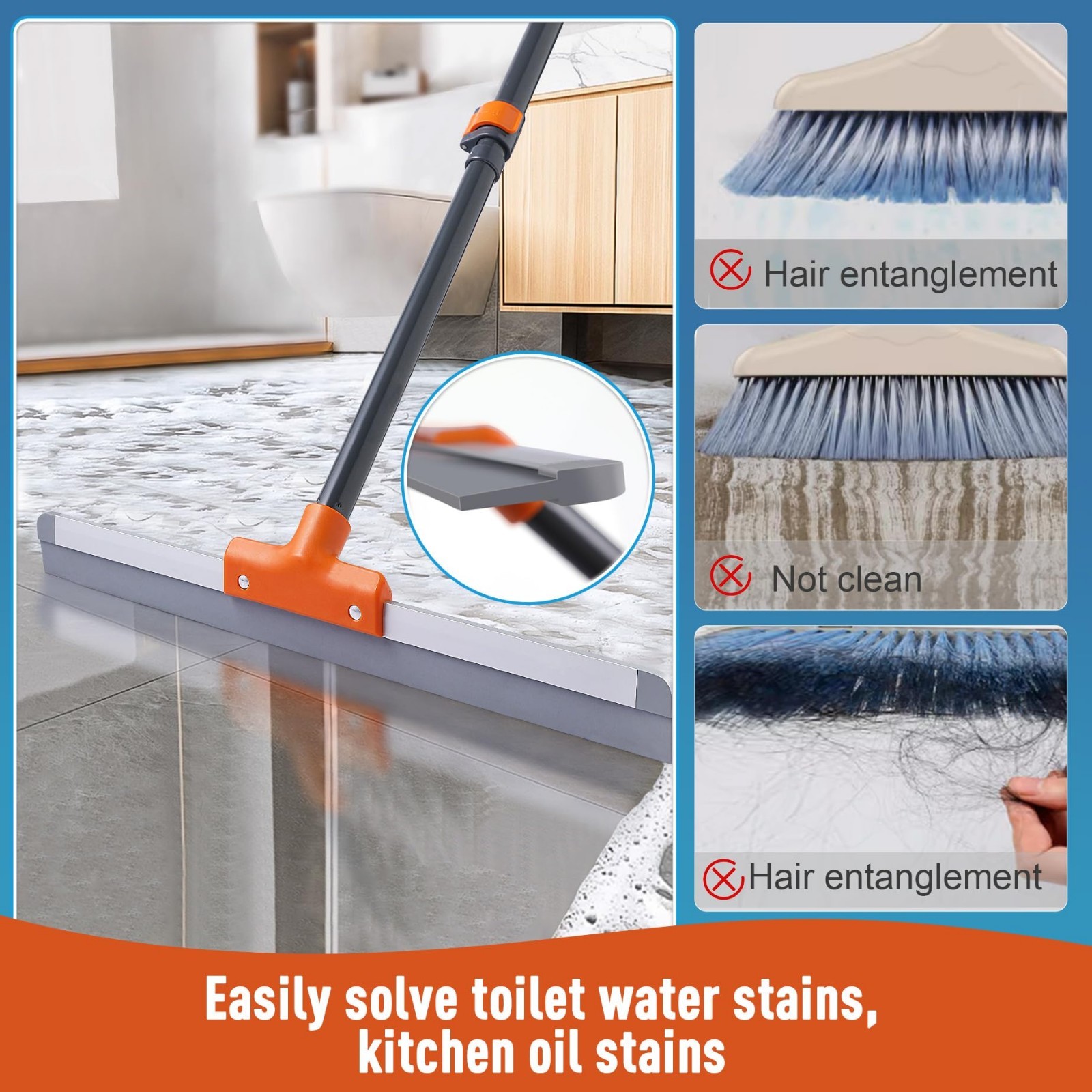 Heavy Duty Rubber Floor Squeegee for Concrete & Tile, Extendable Handle, Water R