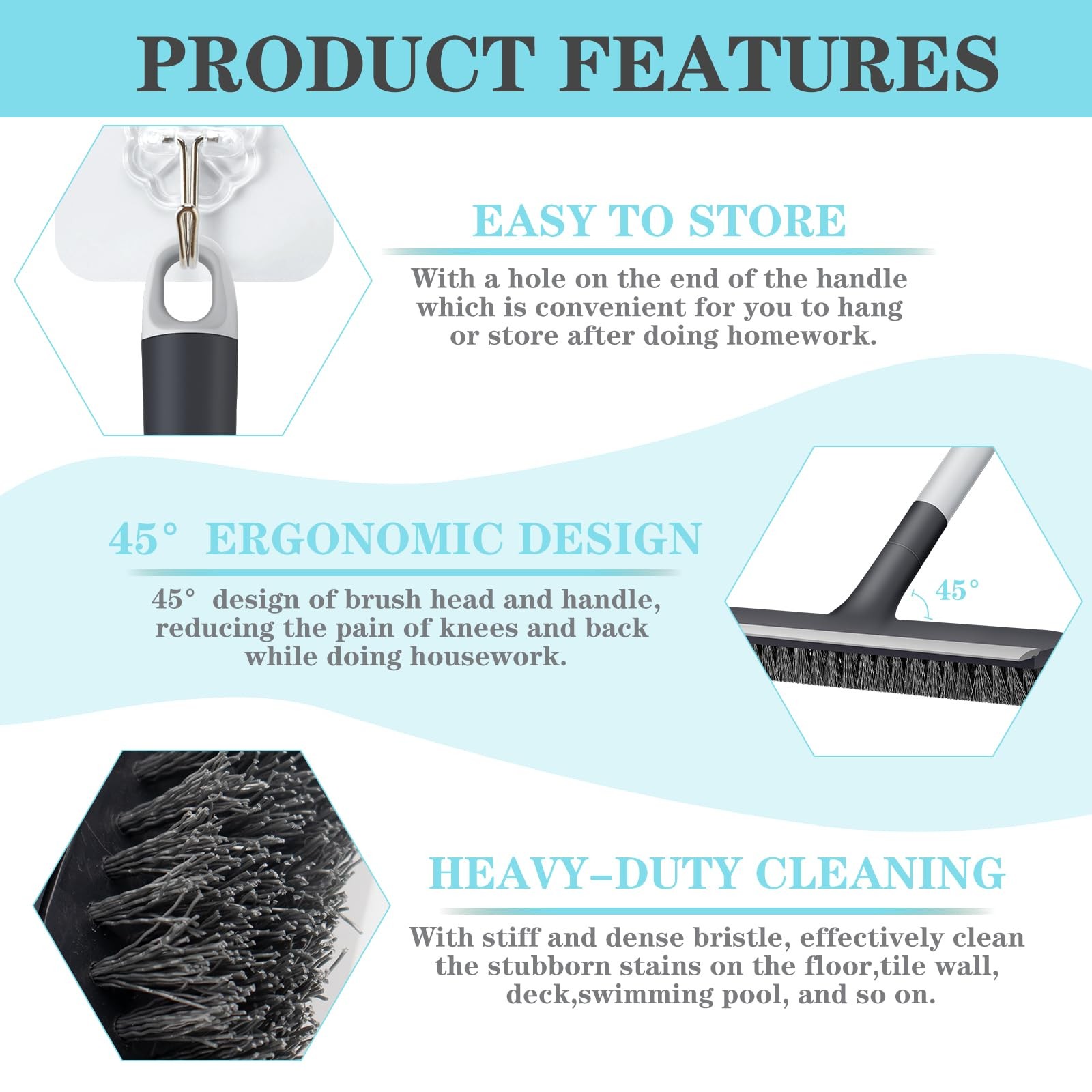 Long Handle Floor Scrub Brush Stiff Bristles Heavy Duty 2 in 1 Squeegee Bathroom