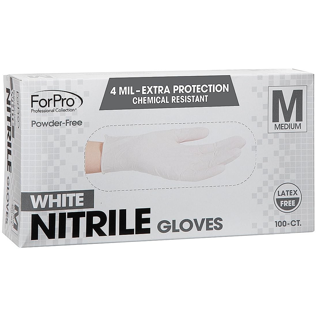 ForPro Disposable Nitrile Gloves, Chemical Medium (Pack of 100), White