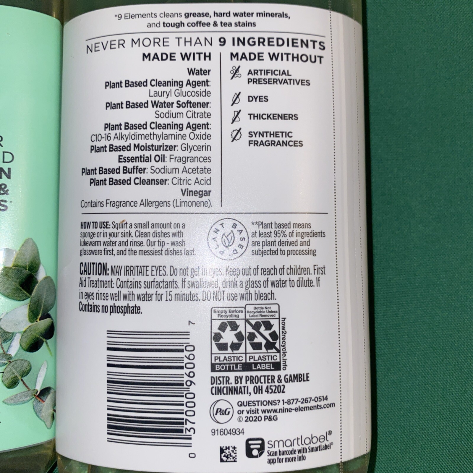 6 Bottles 9 Elements Liquid Dish Soap Vinegar Powered, Eucalyptus Scent 16 fl oz