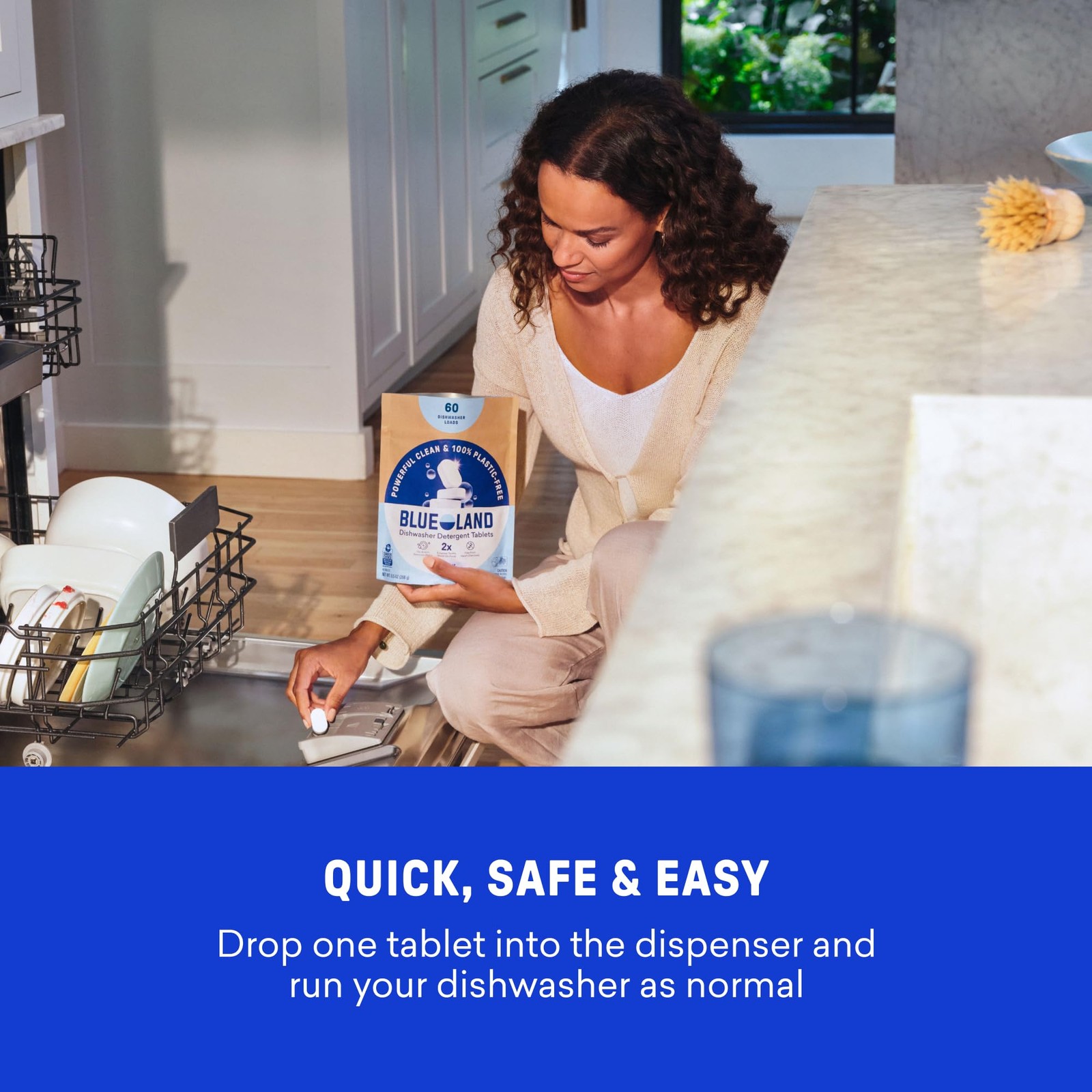 BLUELAND 100% Plastic-Free Dishwasher Detergent Tablets, 60 Count, Free & Clear,