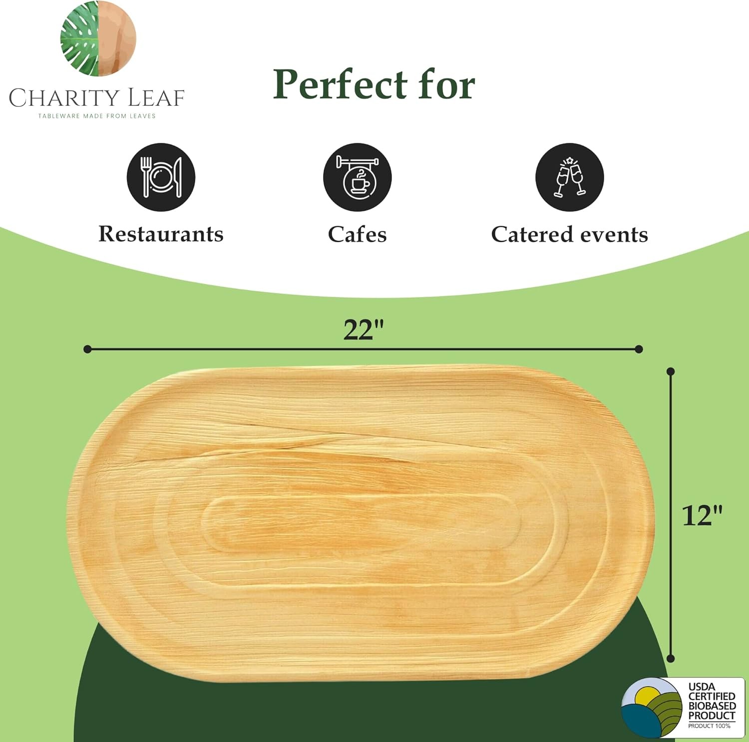 Charity Leaf 10-Pack 22″x12″ Palm Leaf Trays | Eco-Friendly, Compostable Platt