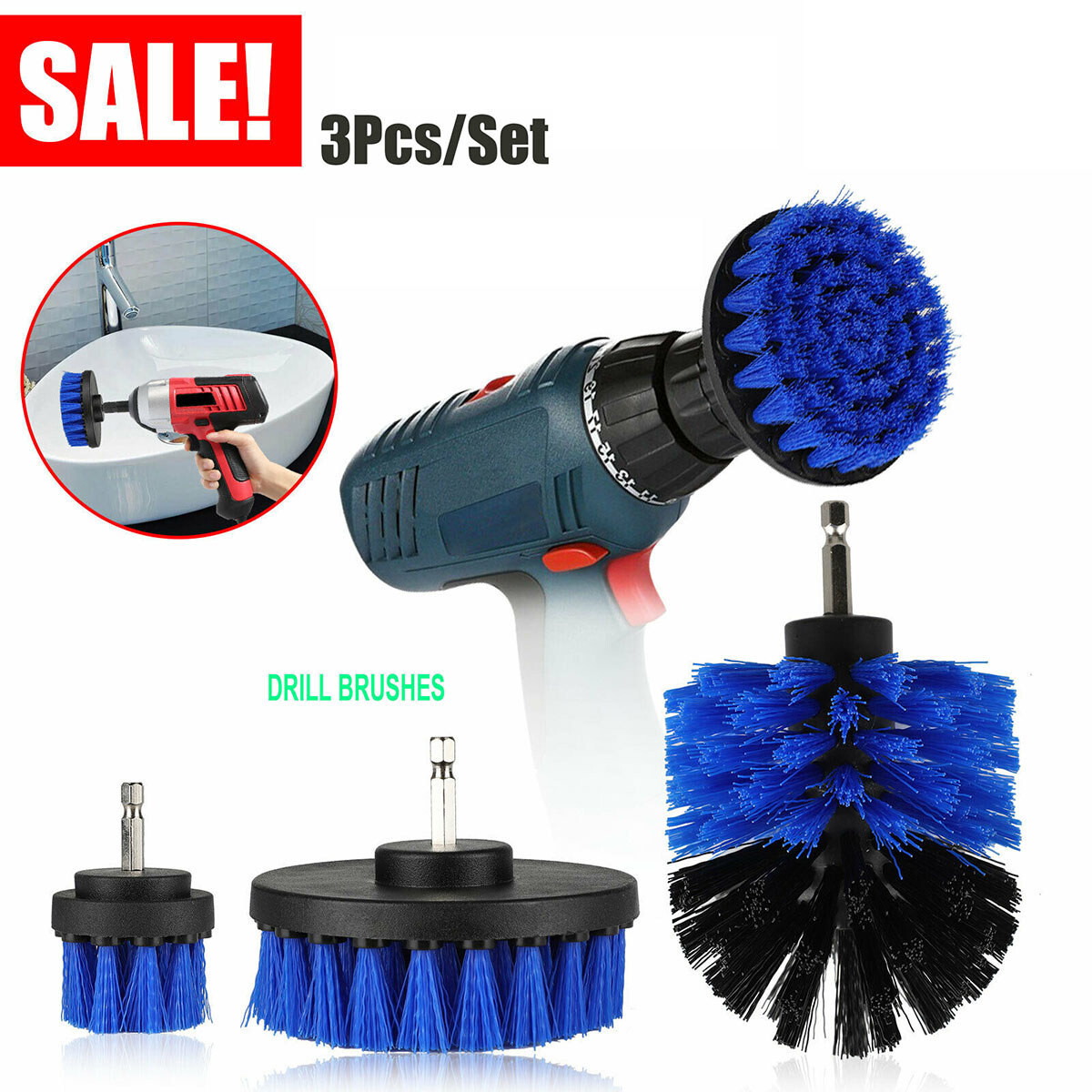 3Pcs Power Scrubber Cleaning Car Tile Grout Shower Drill Brush Set Attachment