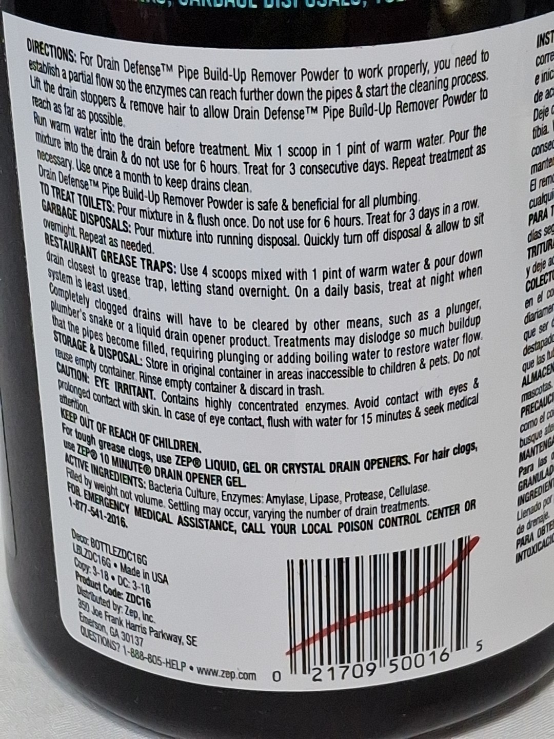 Zep DRAIN Defense Care Powder Build-Up Clog Remover Slow Disposals 18oz ZDC16